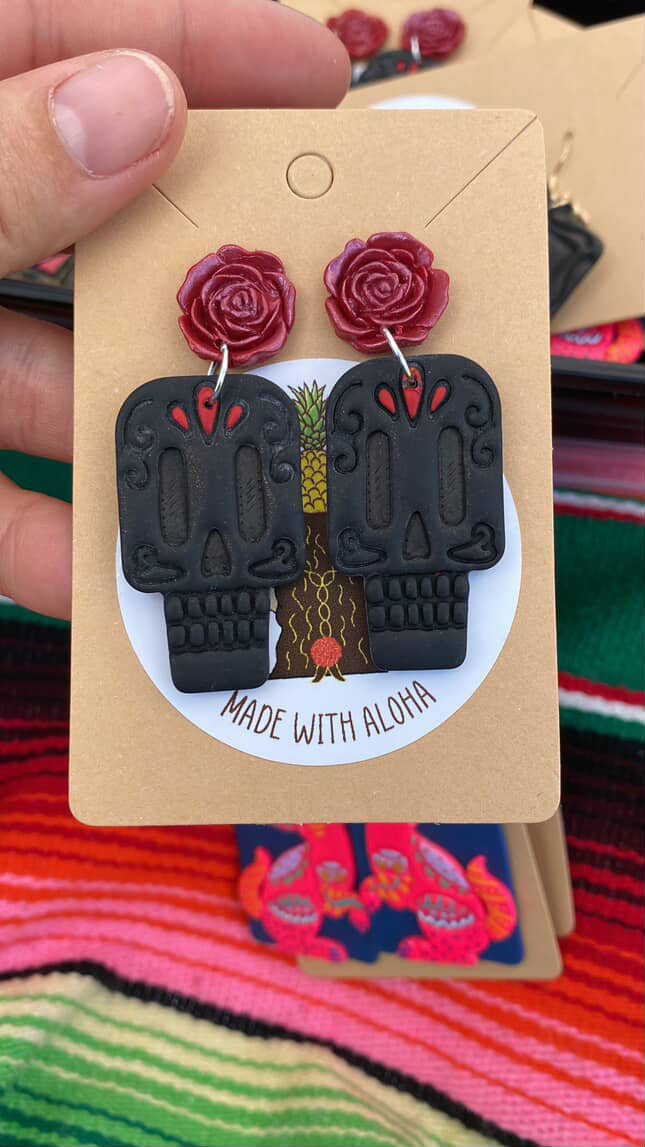 Brown Piña- Calavera Earrings Black