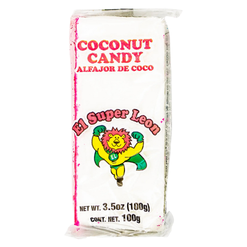"El Super Leon Coconut Candy" image: A close-up photo of a clear plastic bag filled with small, round, light brown candies with white specks. The candies are coconut flavored and are individually wrapped in clear plastic. The bag has a colorful label with the brand name "El Super Leon" and an image of a lion's head wearing a crown.