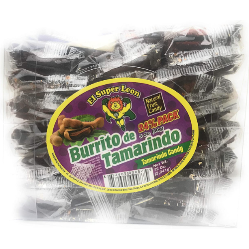 "Group of El Super Leon Burrito de Tamarindo candies arranged on a plate, showcasing their colorful packaging and unique shape."