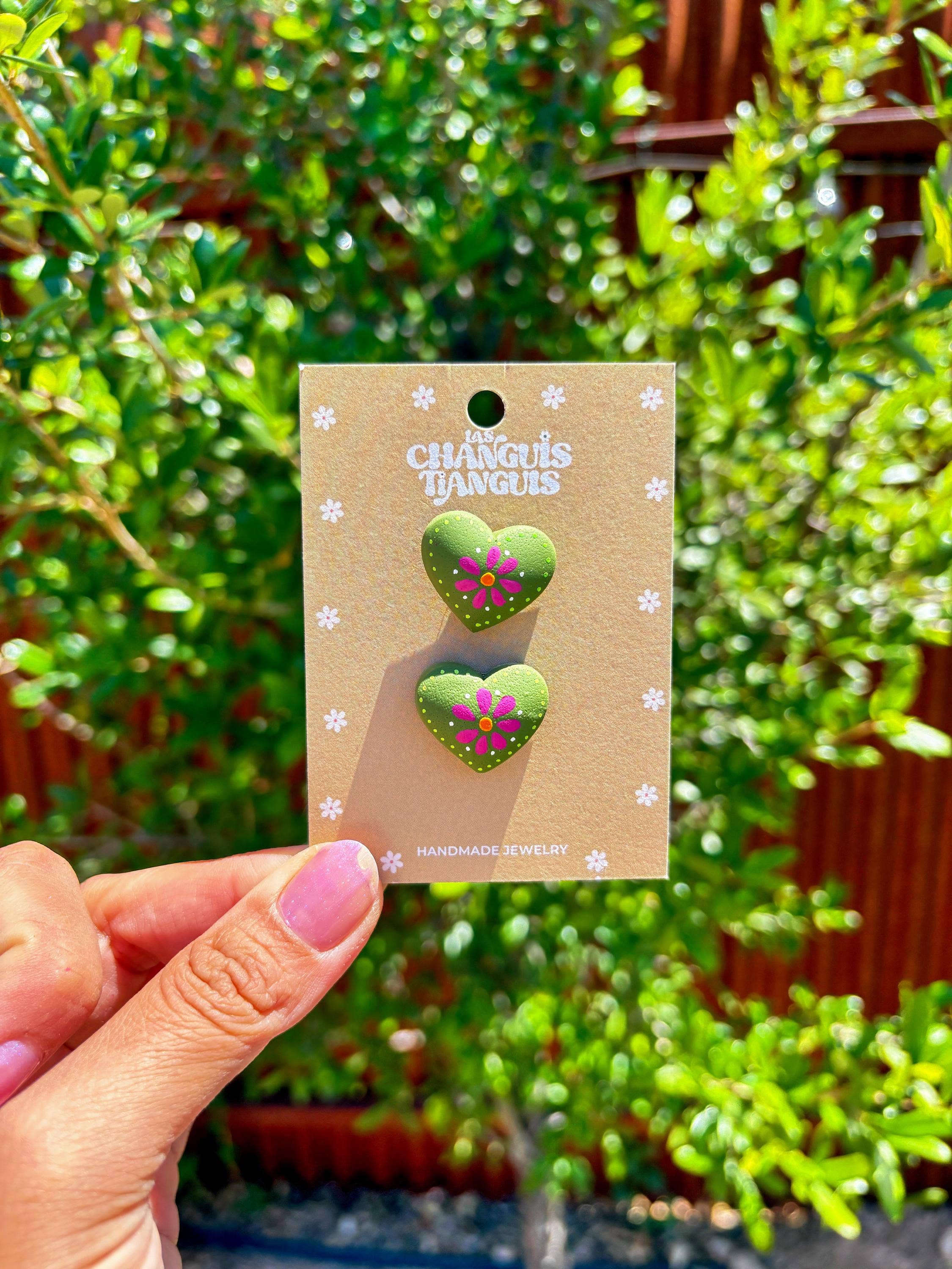 Las Changuis Tianguis - Mexican Heart Hand-Painted Polymer Clay Earrings: Pink