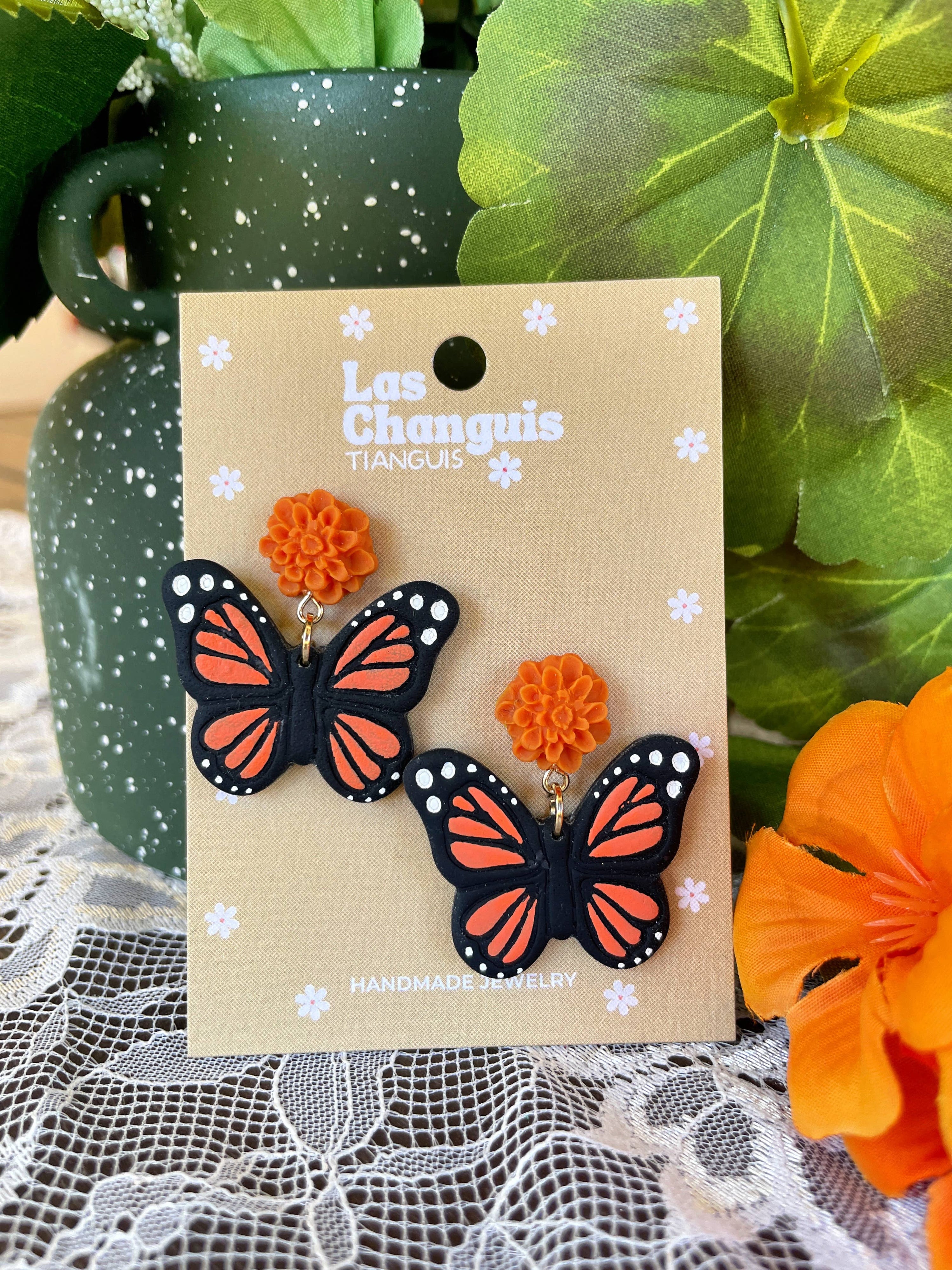 Las Changuis Tianguis - Handmade Monarch Butterfly Earrings with Cempasuchil Flowers - Day of the Dead Collection - Dia de los Muertos Jewelry