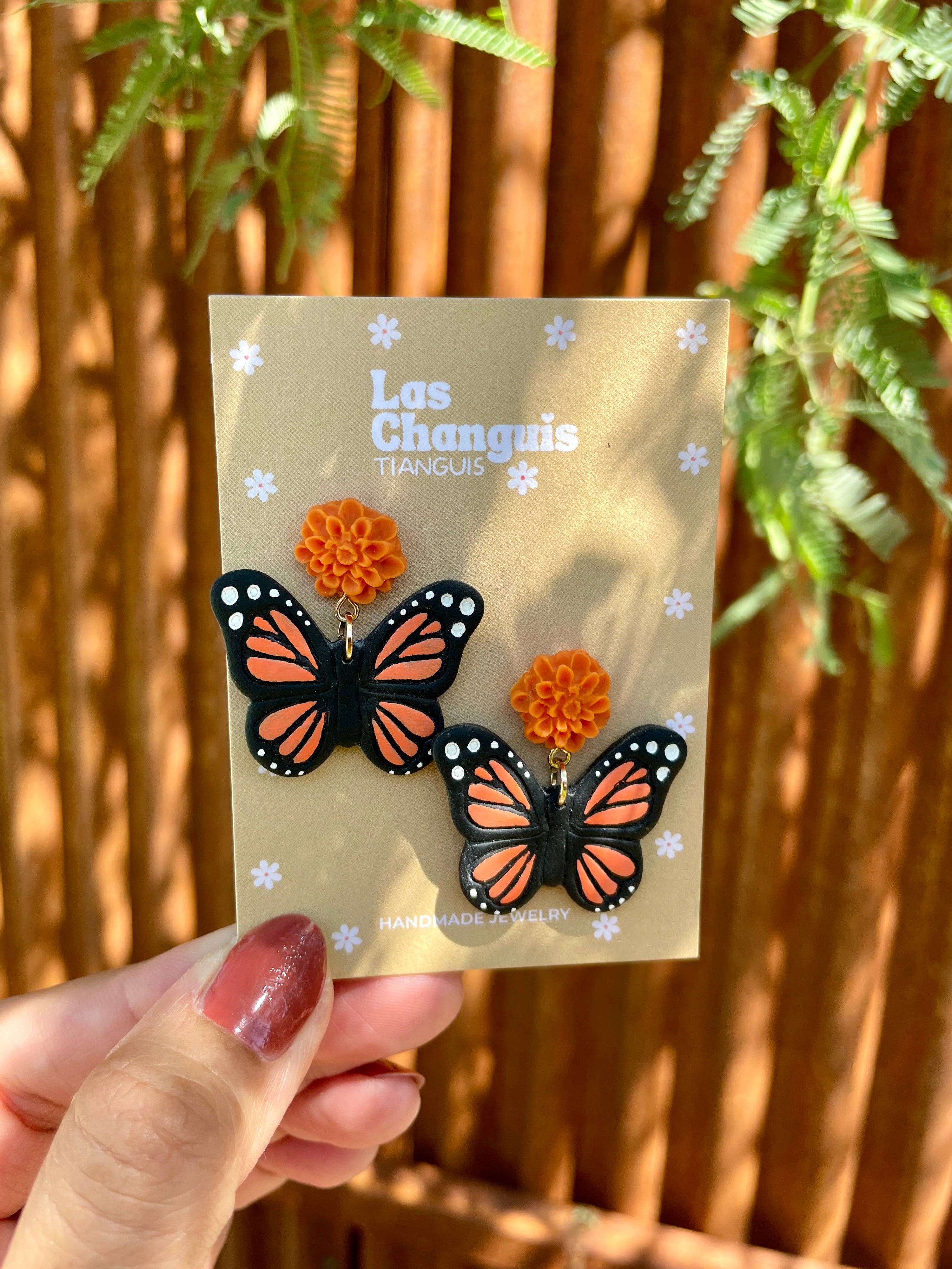 Las Changuis Tianguis - Handmade Monarch Butterfly Earrings with Cempasuchil Flowers - Day of the Dead Collection - Dia de los Muertos Jewelry