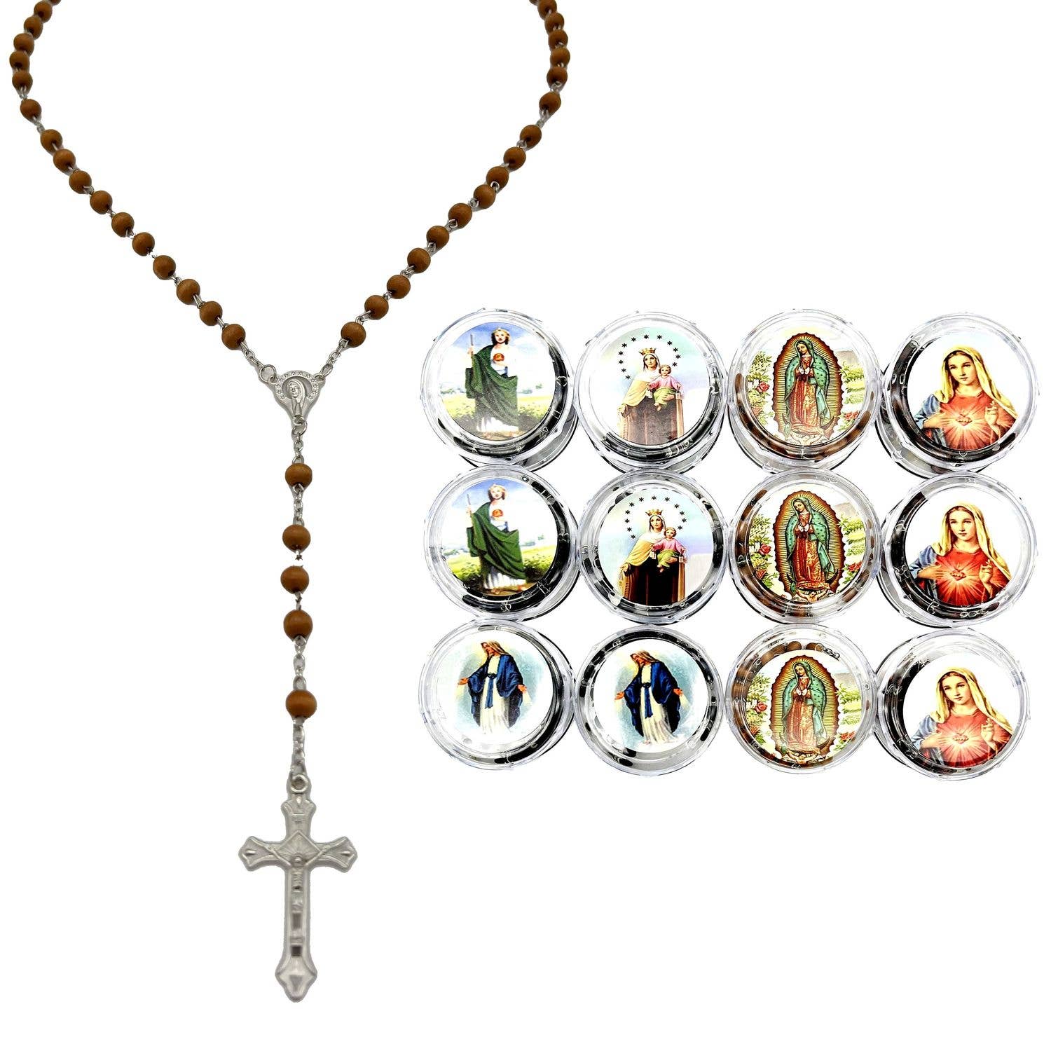 Wooden Rosary Beads Catholic Lariat Necklace