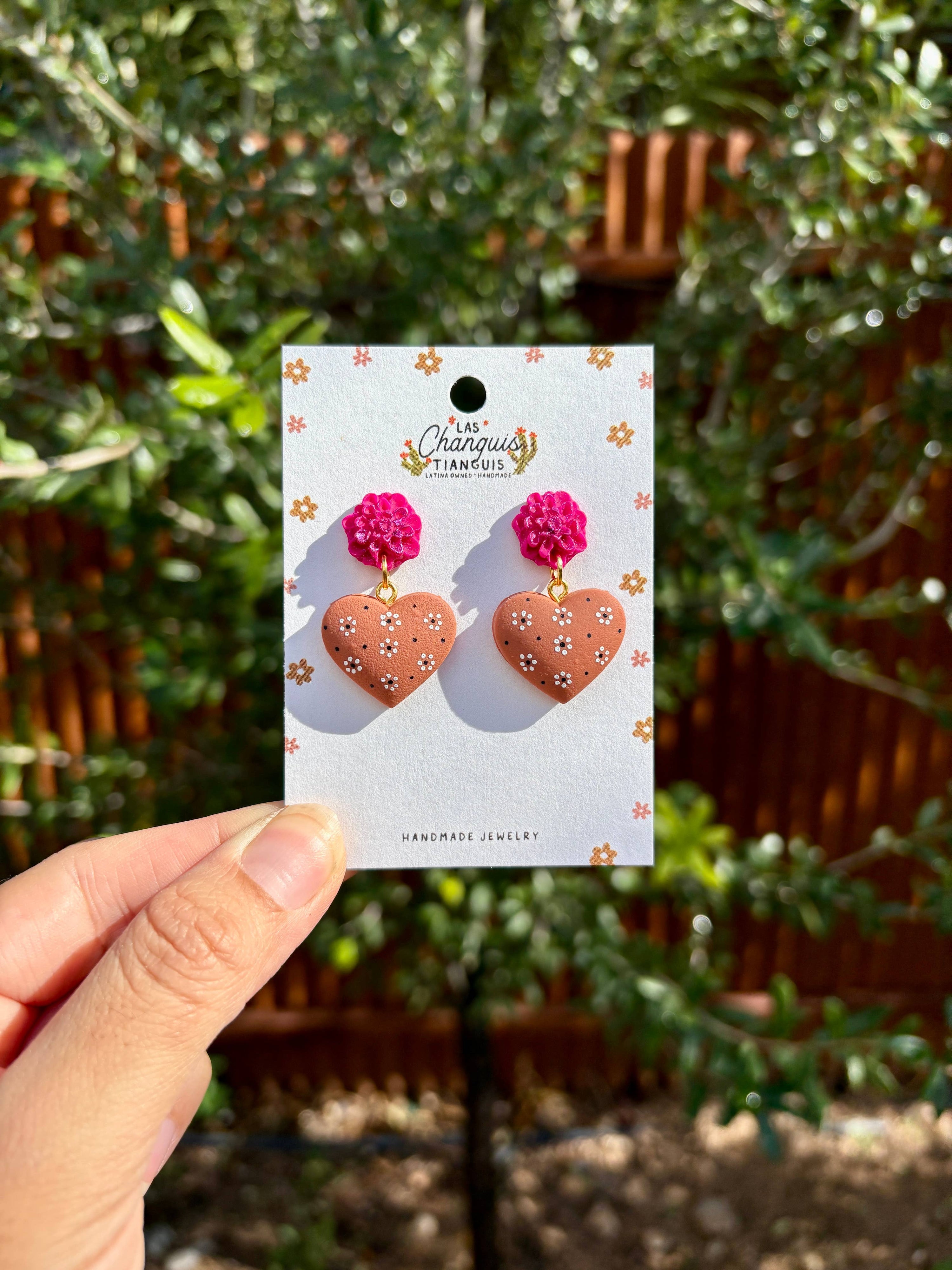 Las Changuis Tianguis - Terra Cotta Floral Heart Drop Earrings — Handmade