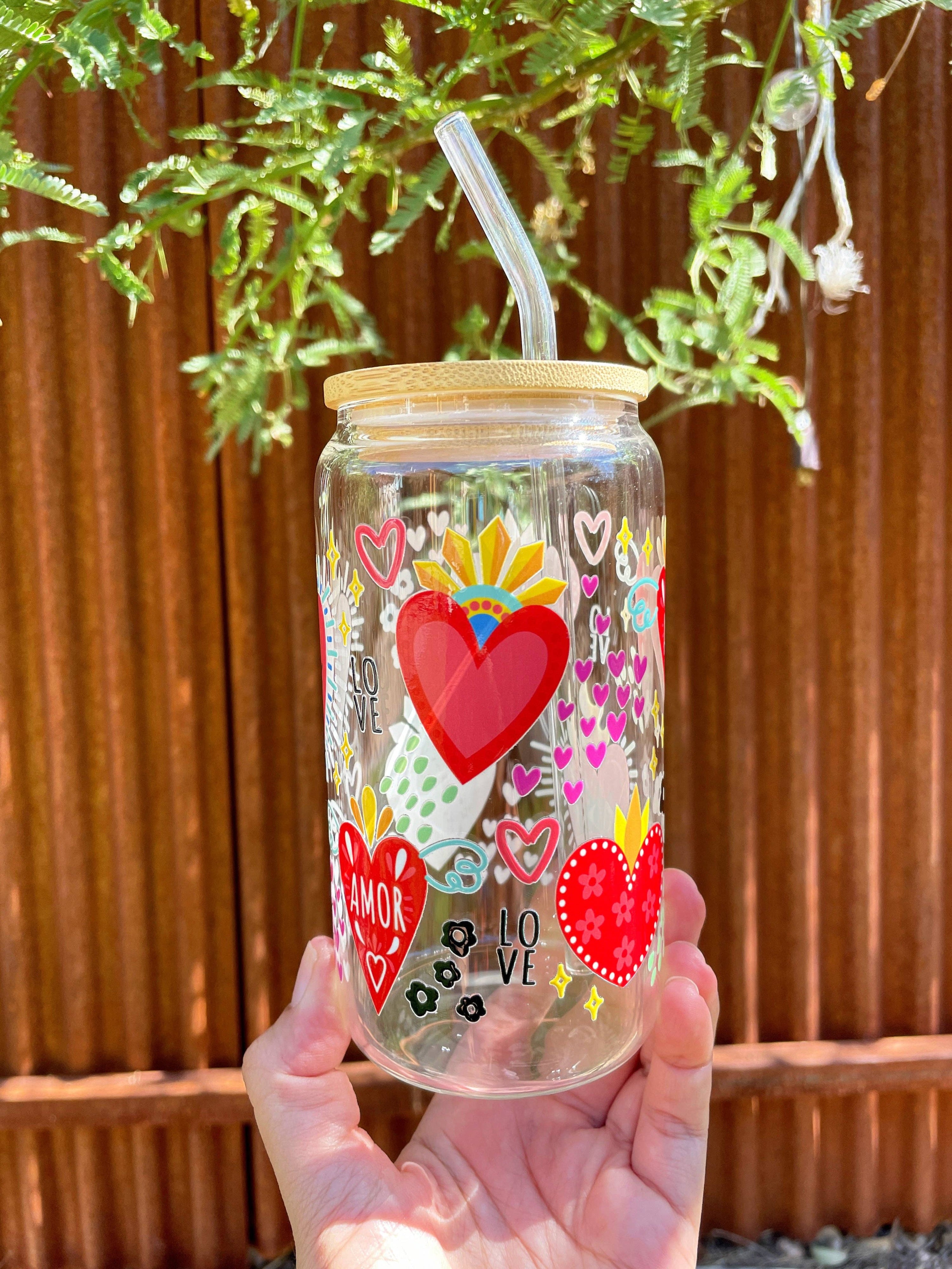 Las Changuis Tianguis - Sacred Heart Design with Love & Amor | 16 oz Glass Cup with Bamboo Lid & Straw