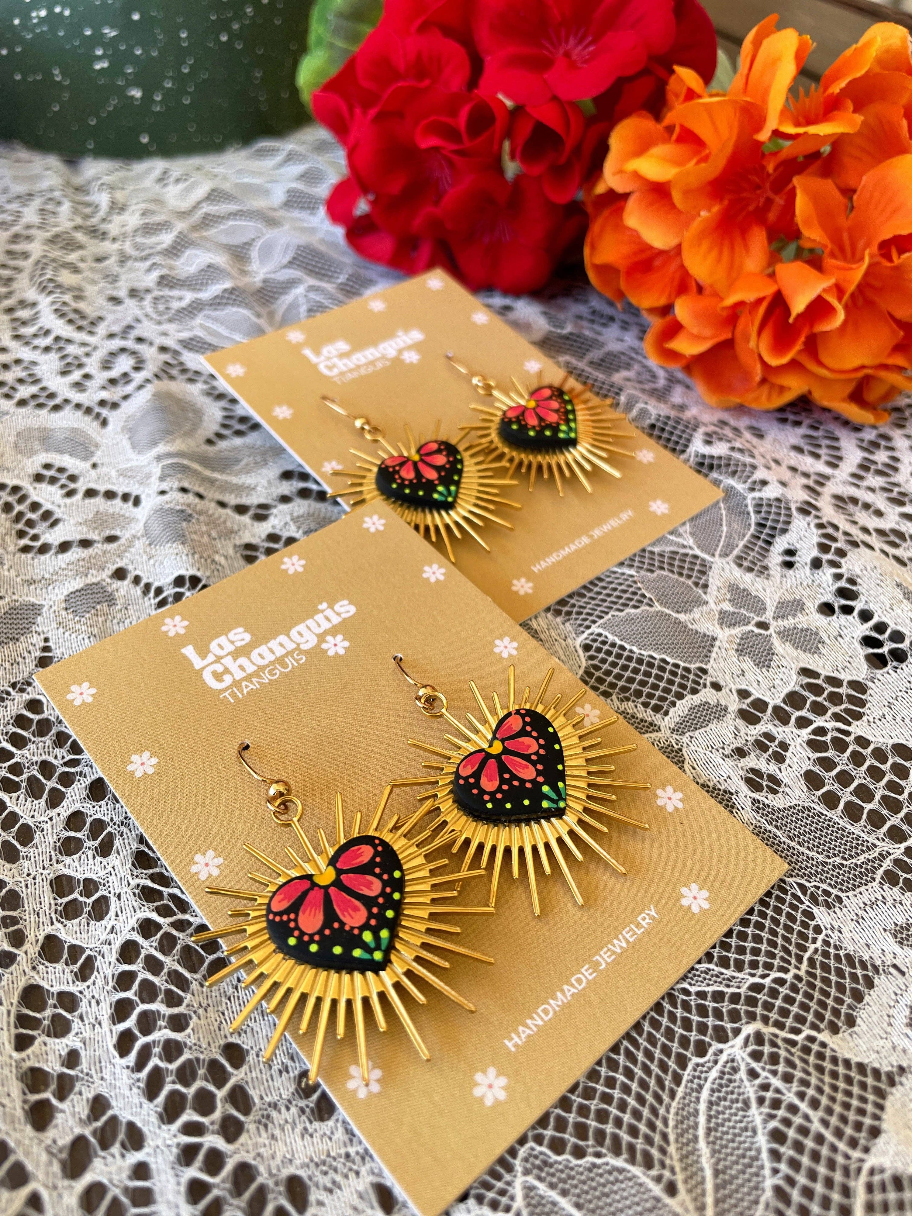 Las Changuis Tianguis - Handmade Sacred Heart Mexican Folk Art Earrings