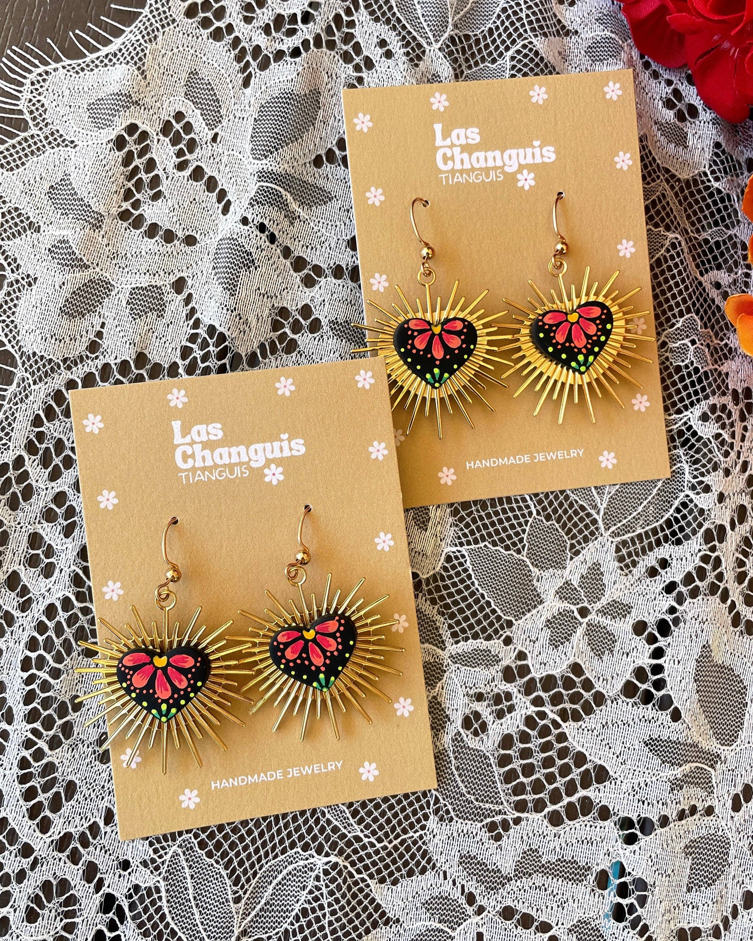 Las Changuis Tianguis - Handmade Sacred Heart Mexican Folk Art Earrings