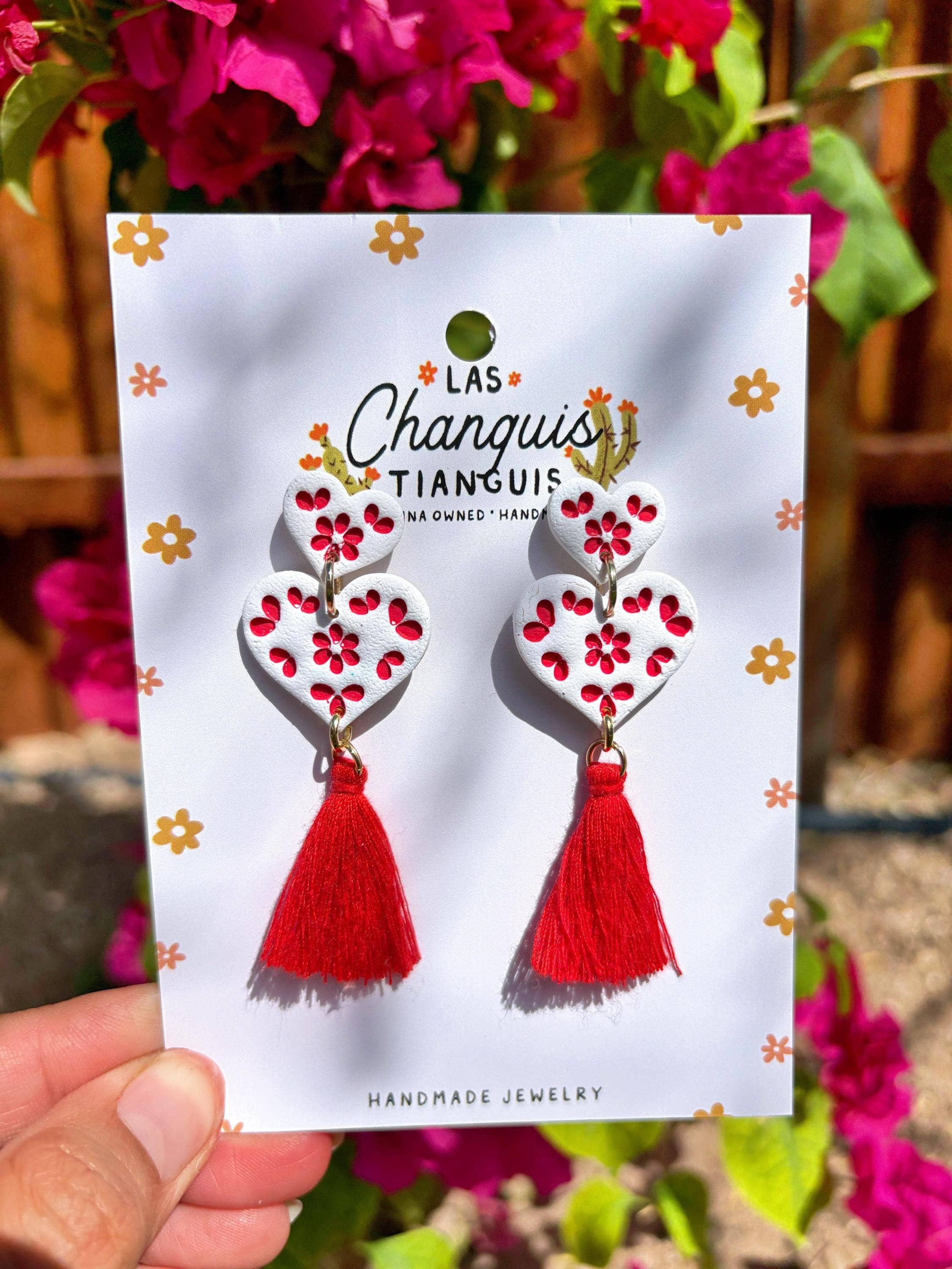 Las Changuis Tianguis - Talavera-Inspired Polymer Clay Heart Earrings with Tassels: Blue