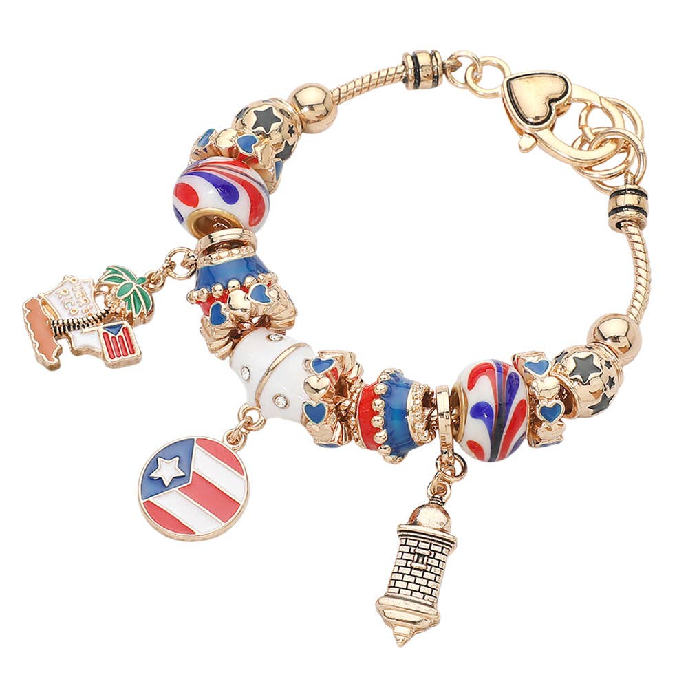 Puerto Rico Flag Charm Multi-Bead Bracelet: Silver
