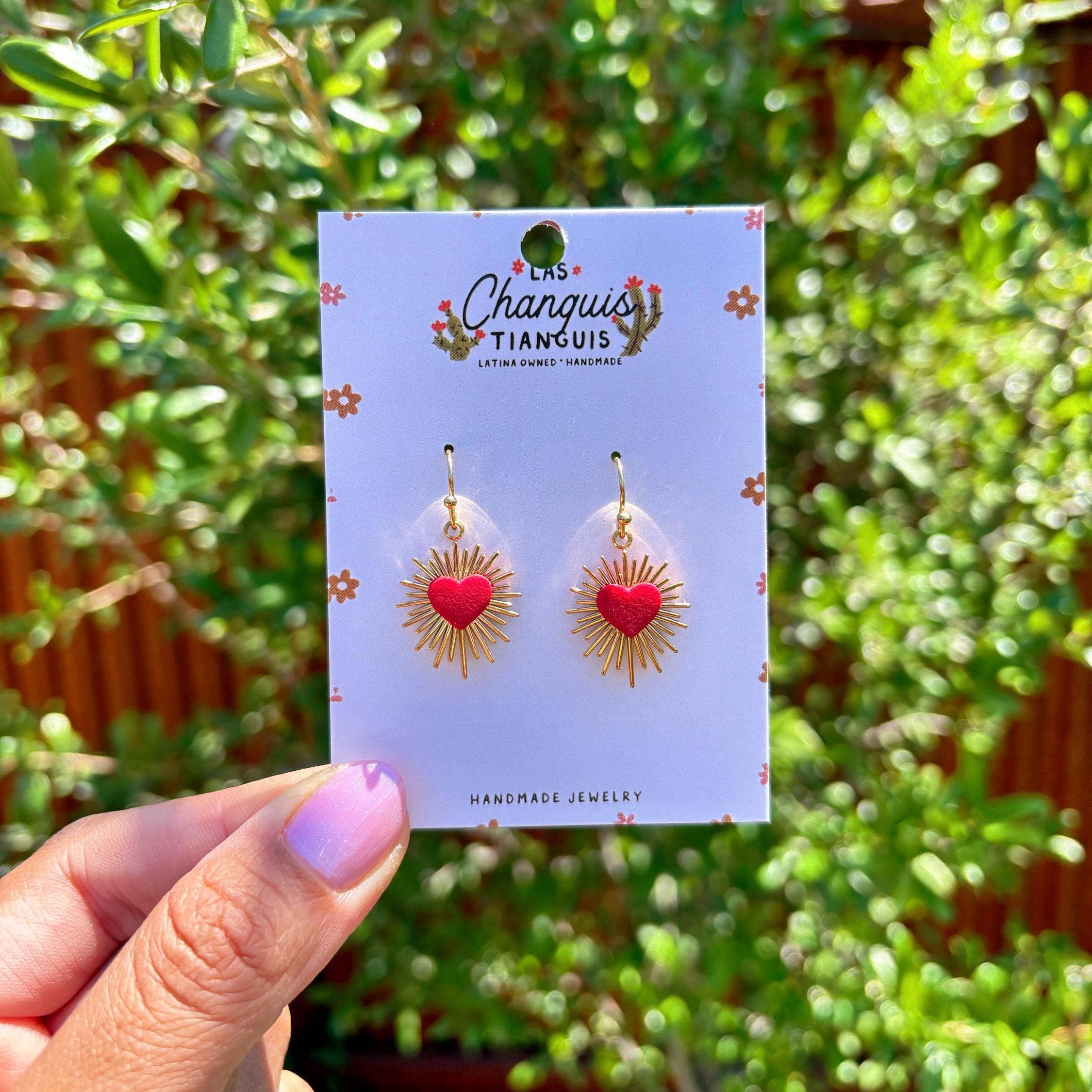 Las Changuis Tianguis - Sacred Heart Burst Earrings – Red & Gold Handmade
