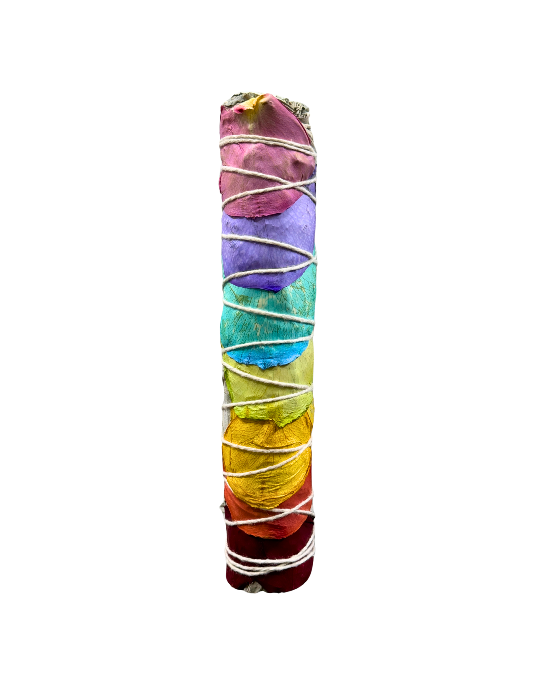 Sarimoire - Chakra Smudge Stick, 8" White Sage Wand w/Rainbow Rose Petal