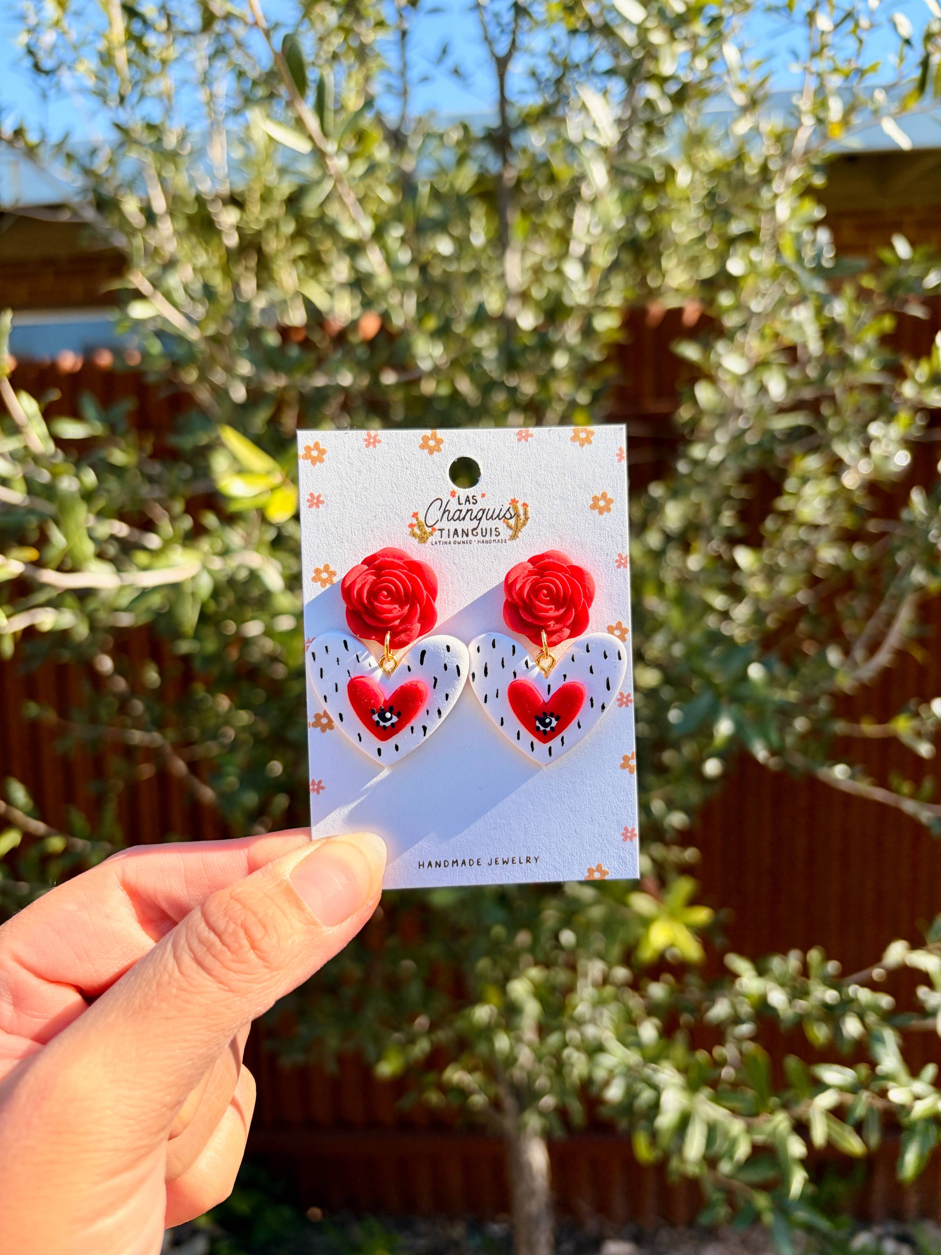 Las Changuis Tianguis - Evil eye Milagrito Heart & Rose Clay Earrings