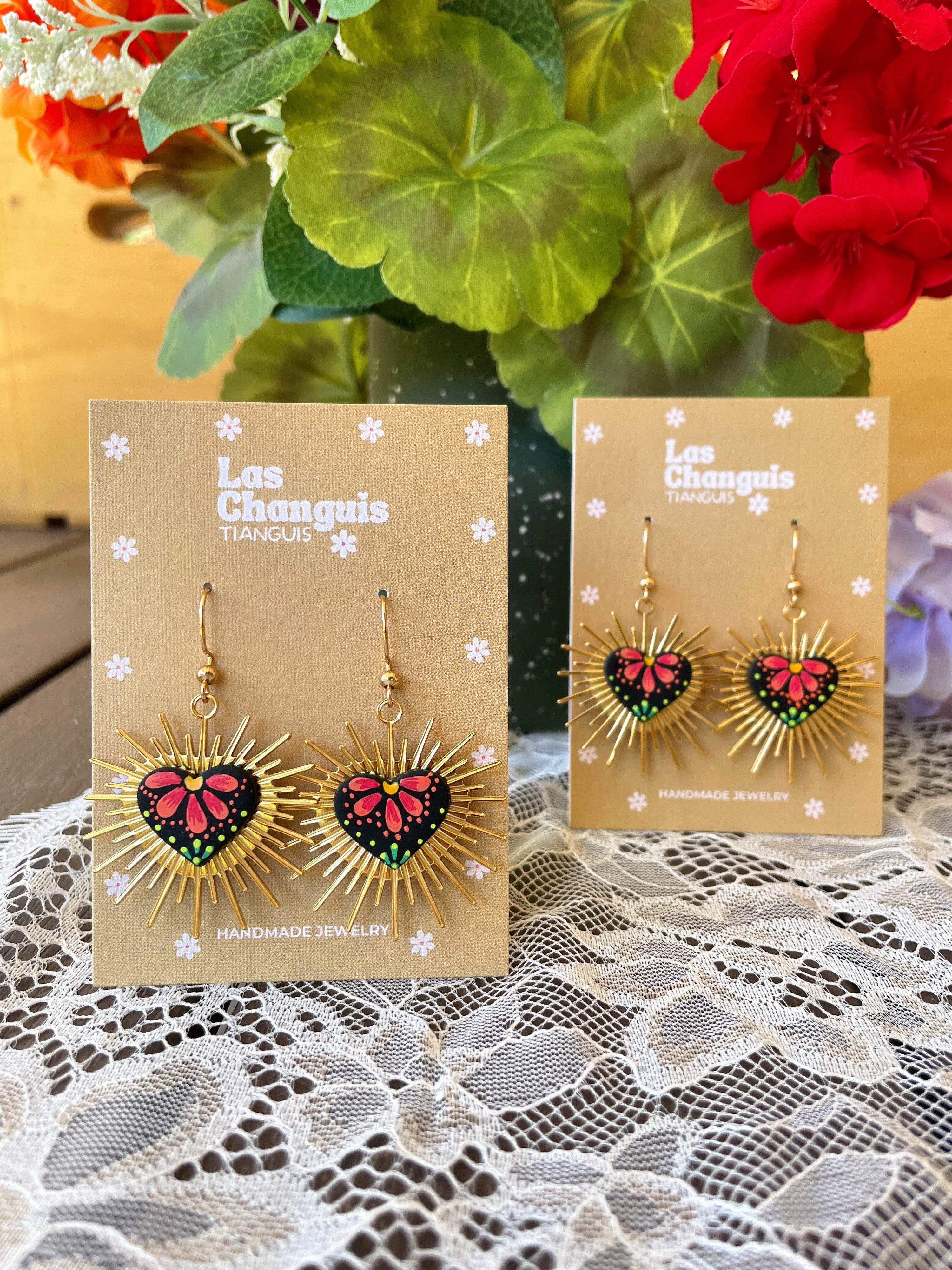 Las Changuis Tianguis - Handmade Sacred Heart Mexican Folk Art Earrings