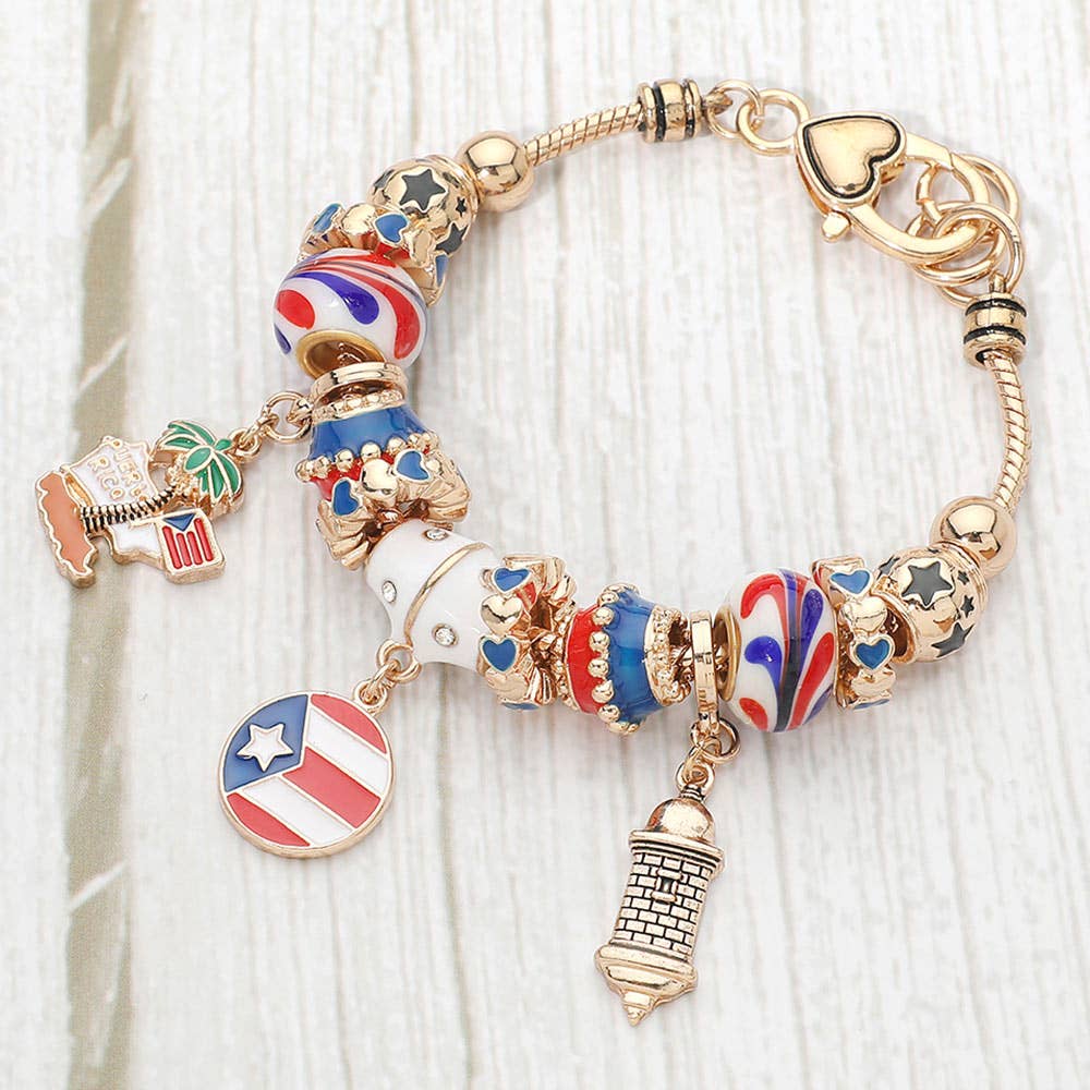 Puerto Rico Flag Charm Multi-Bead Bracelet: Silver