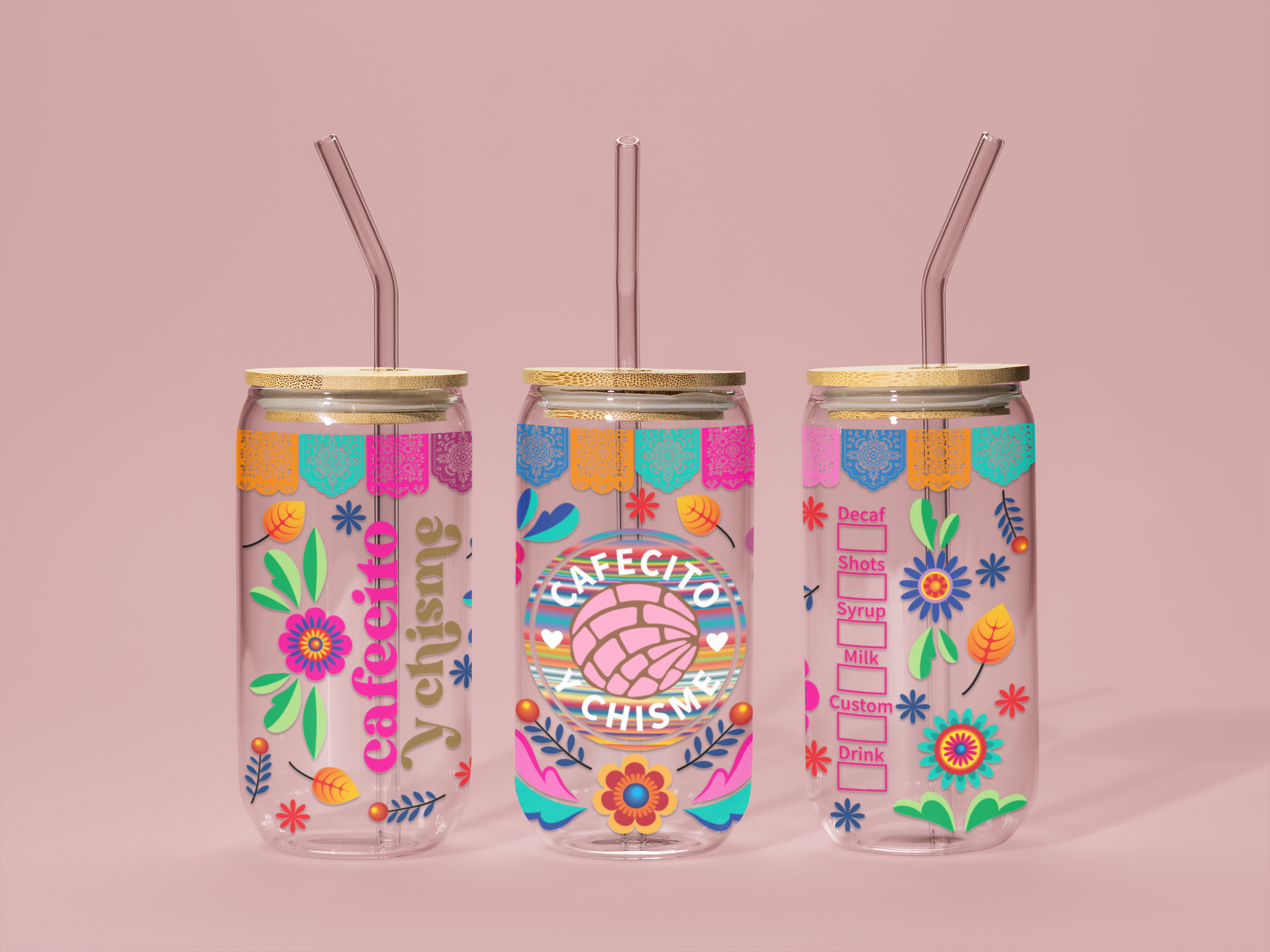 Las Changuis Tianguis - Cafecito y Chisme 16 oz Glass Can with Bamboo Lid & Glass Straw