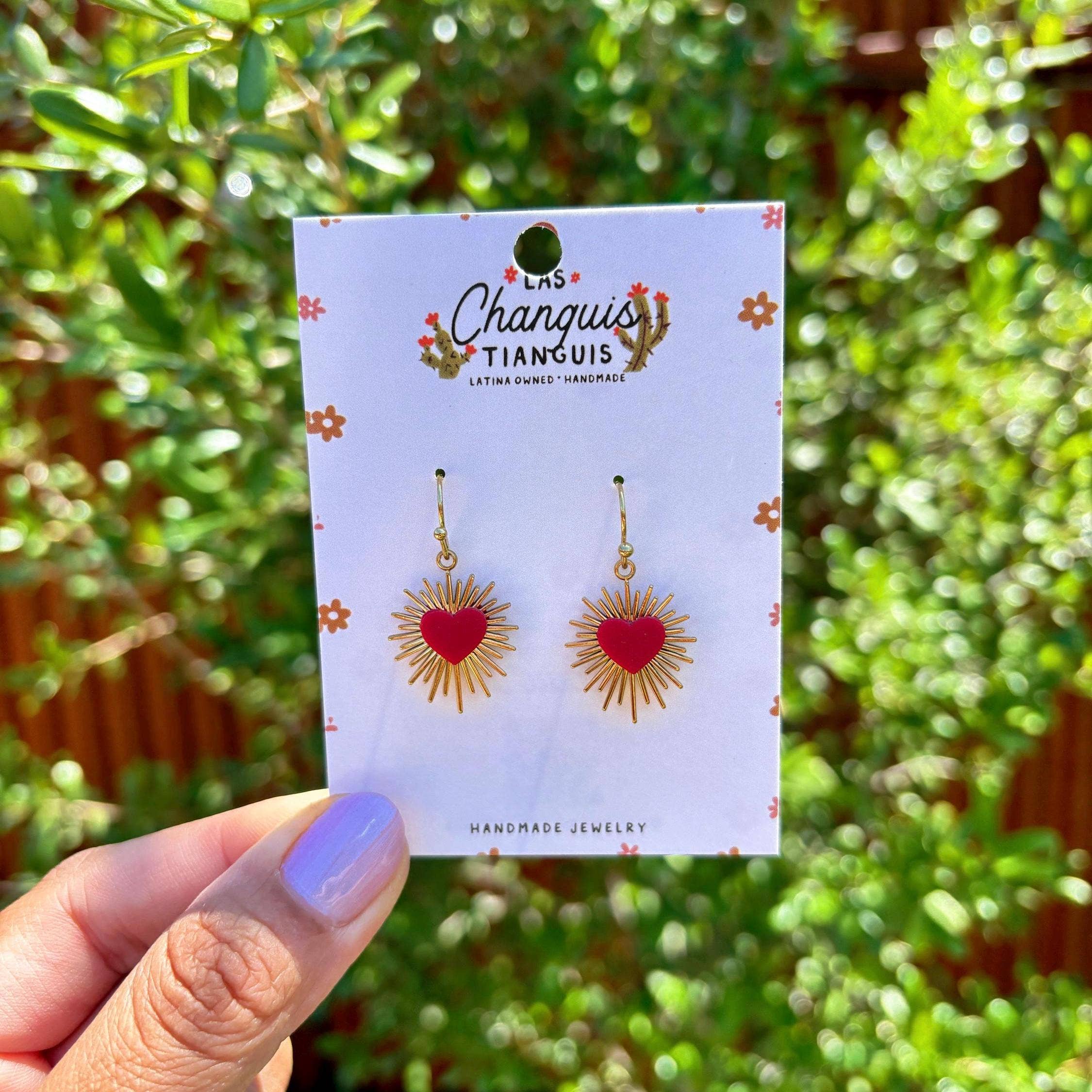 Las Changuis Tianguis - Sacred Heart Burst Earrings – Red & Gold Handmade