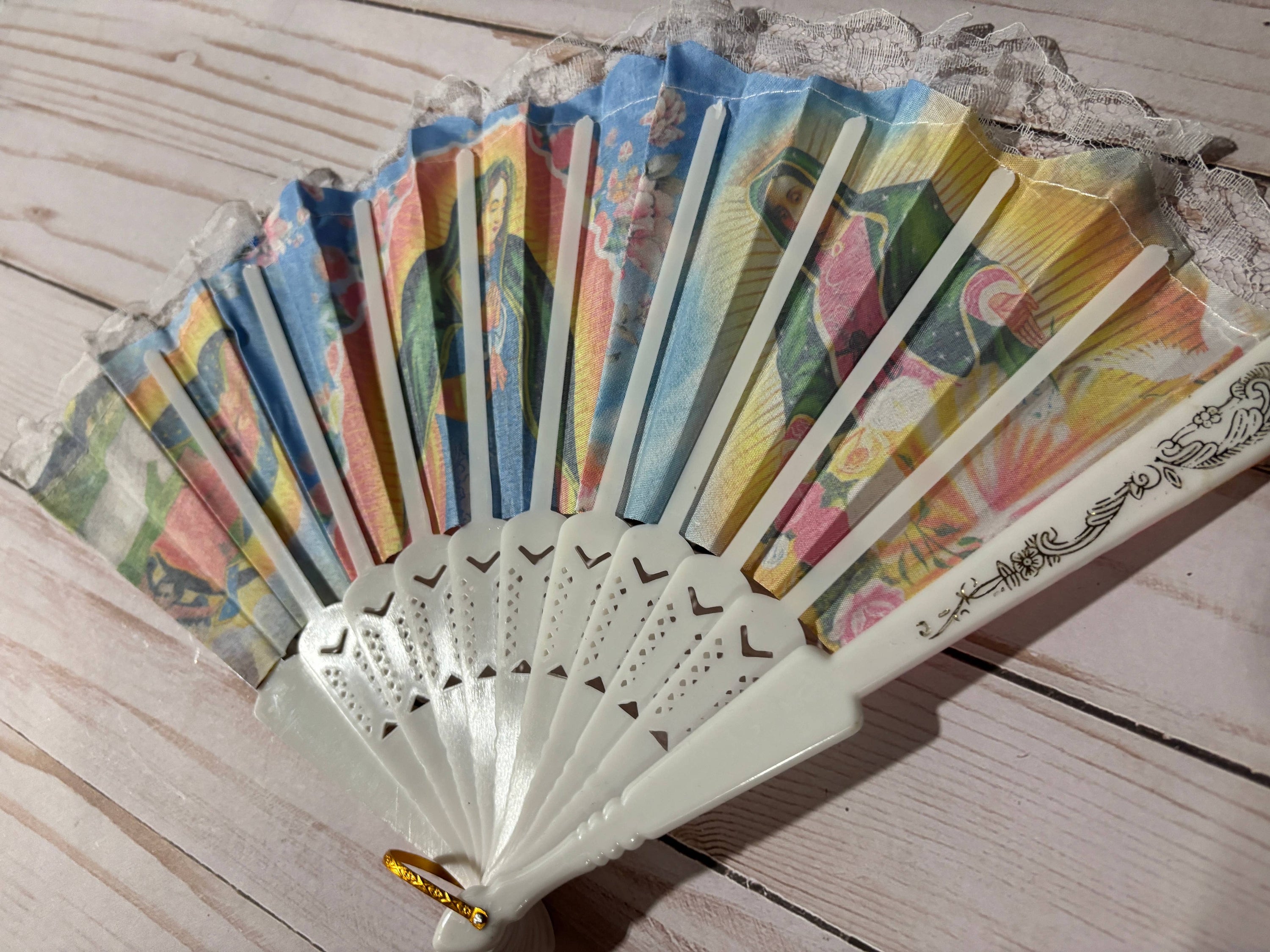 Viva Greetings - La Virgen de Guadalupe Design Hand Fan: Black