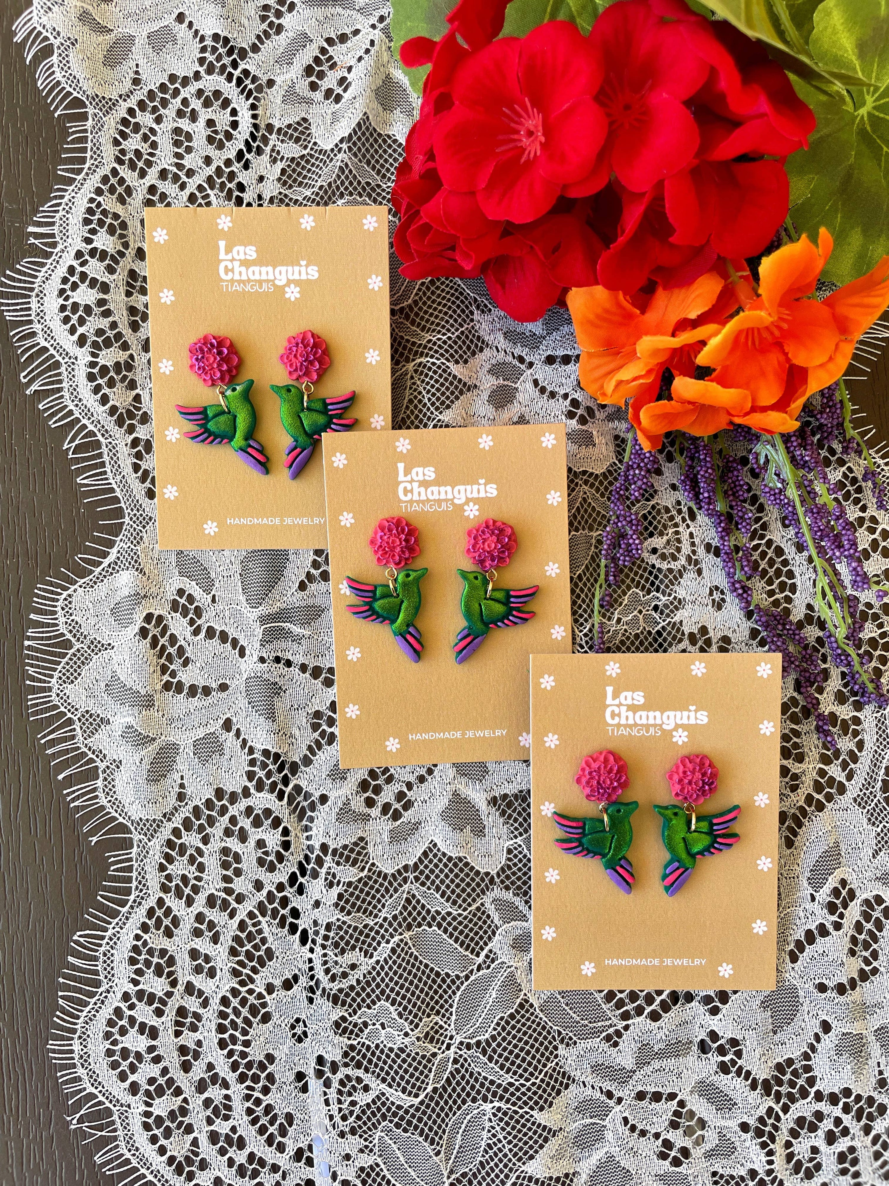 Las Changuis Tianguis - Colibri Handpainted Earrings - Dia de los Muertos Jewelry - Day of the Dead Collection Dia de los Muertos Jewelry
