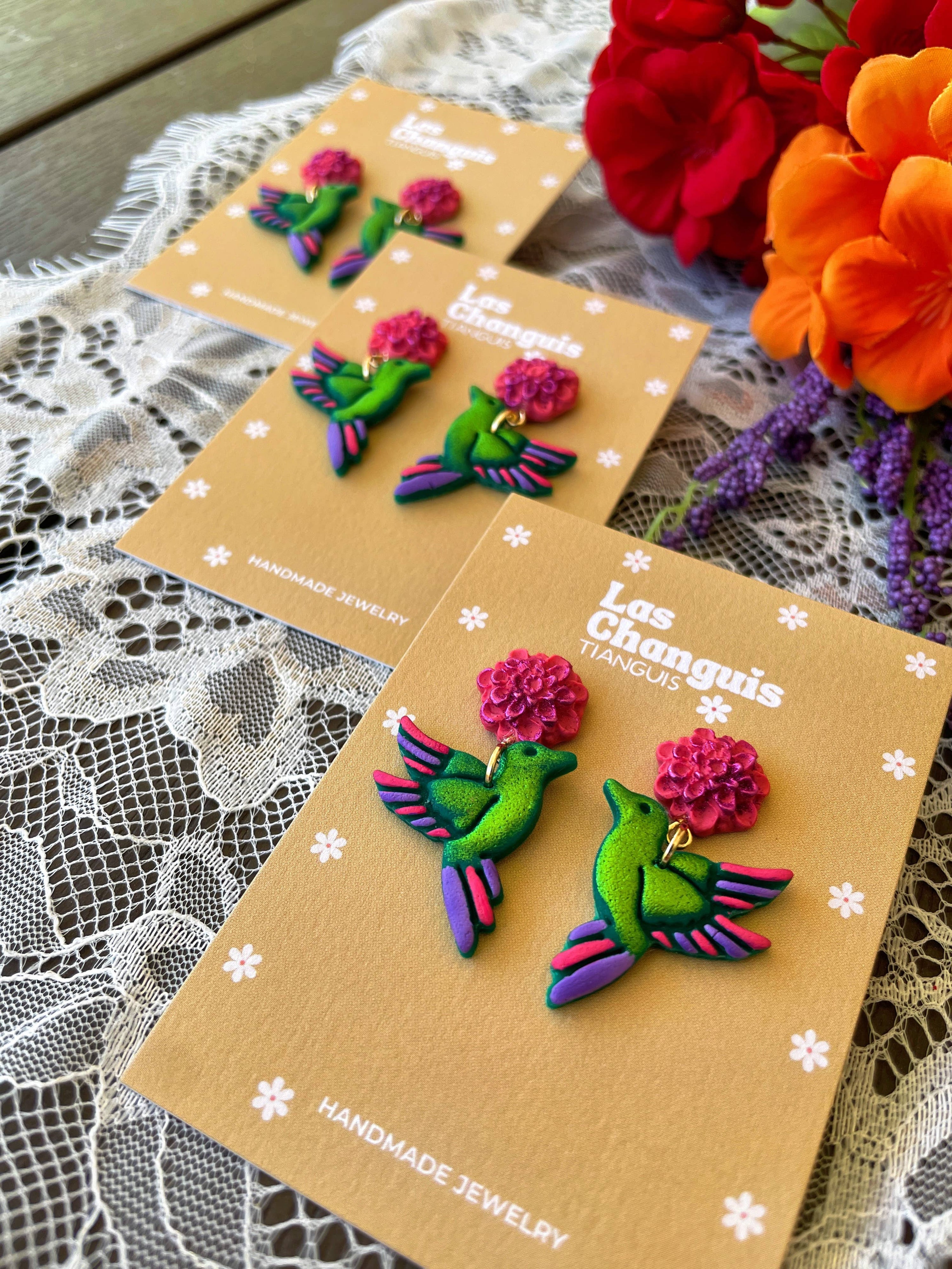 Las Changuis Tianguis - Colibri Handpainted Earrings - Dia de los Muertos Jewelry - Day of the Dead Collection Dia de los Muertos Jewelry
