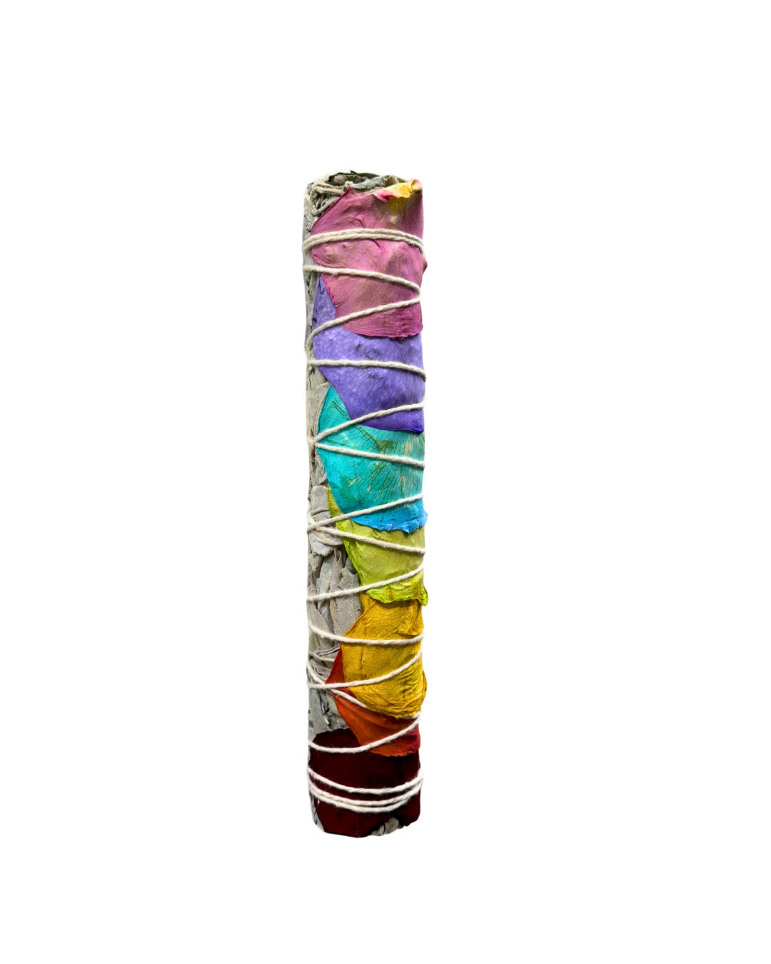 Sarimoire - Chakra Smudge Stick, 8" White Sage Wand w/Rainbow Rose Petal