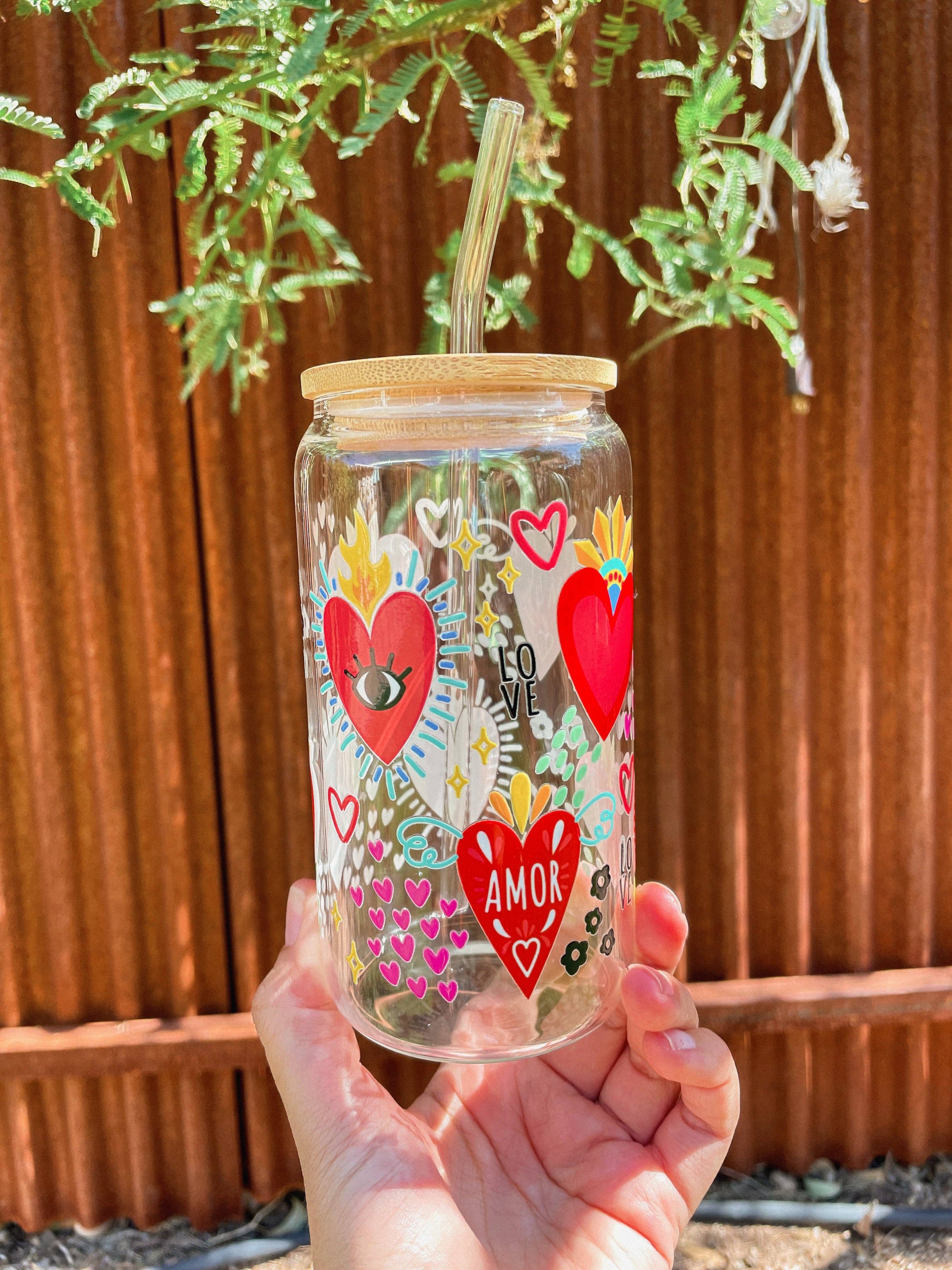 Las Changuis Tianguis - Sacred Heart Design with Love & Amor | 16 oz Glass Cup with Bamboo Lid & Straw