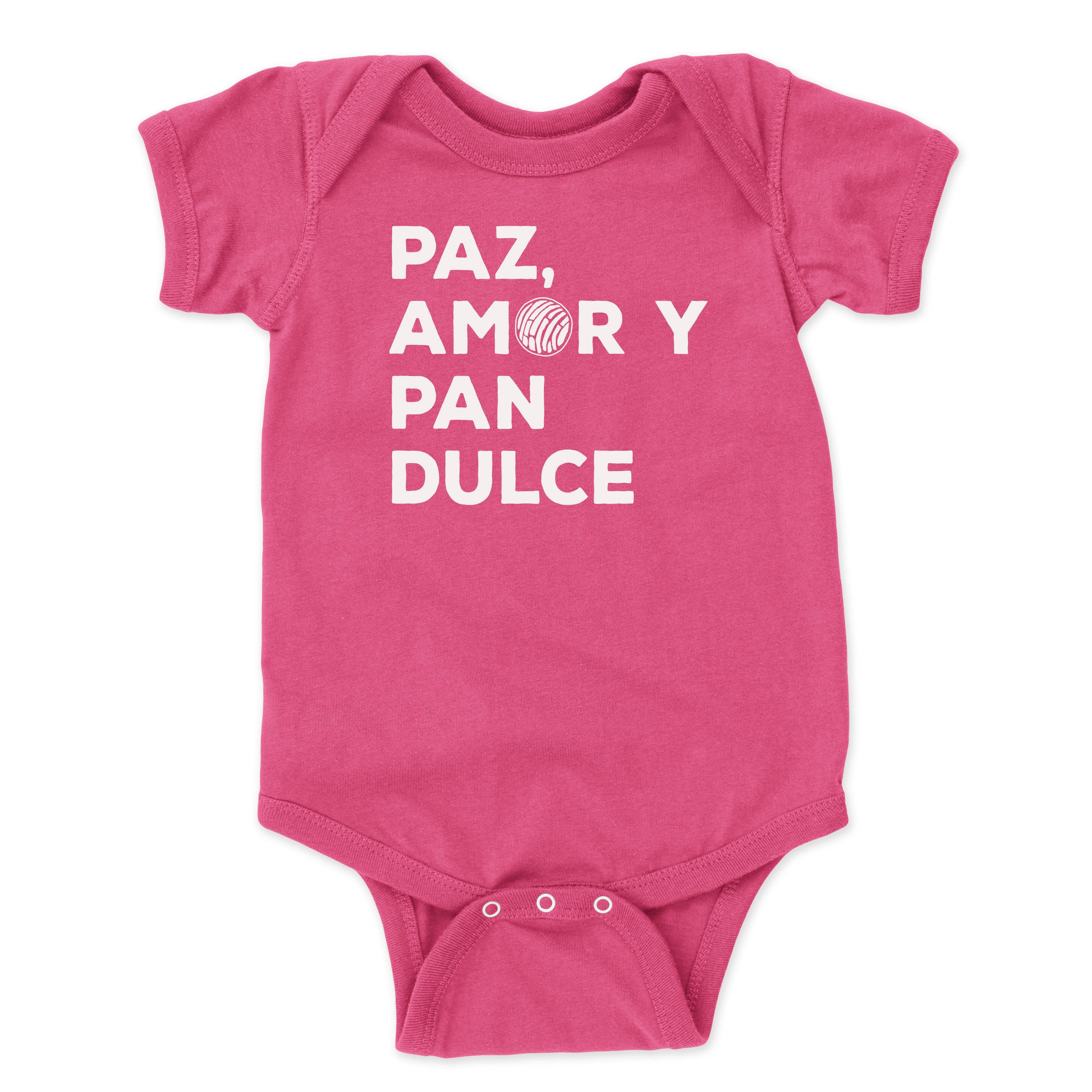Que Rico T-Shirt Co. - Paz, Amor y Pan Dulce - Pink Infant Onesie: 6M