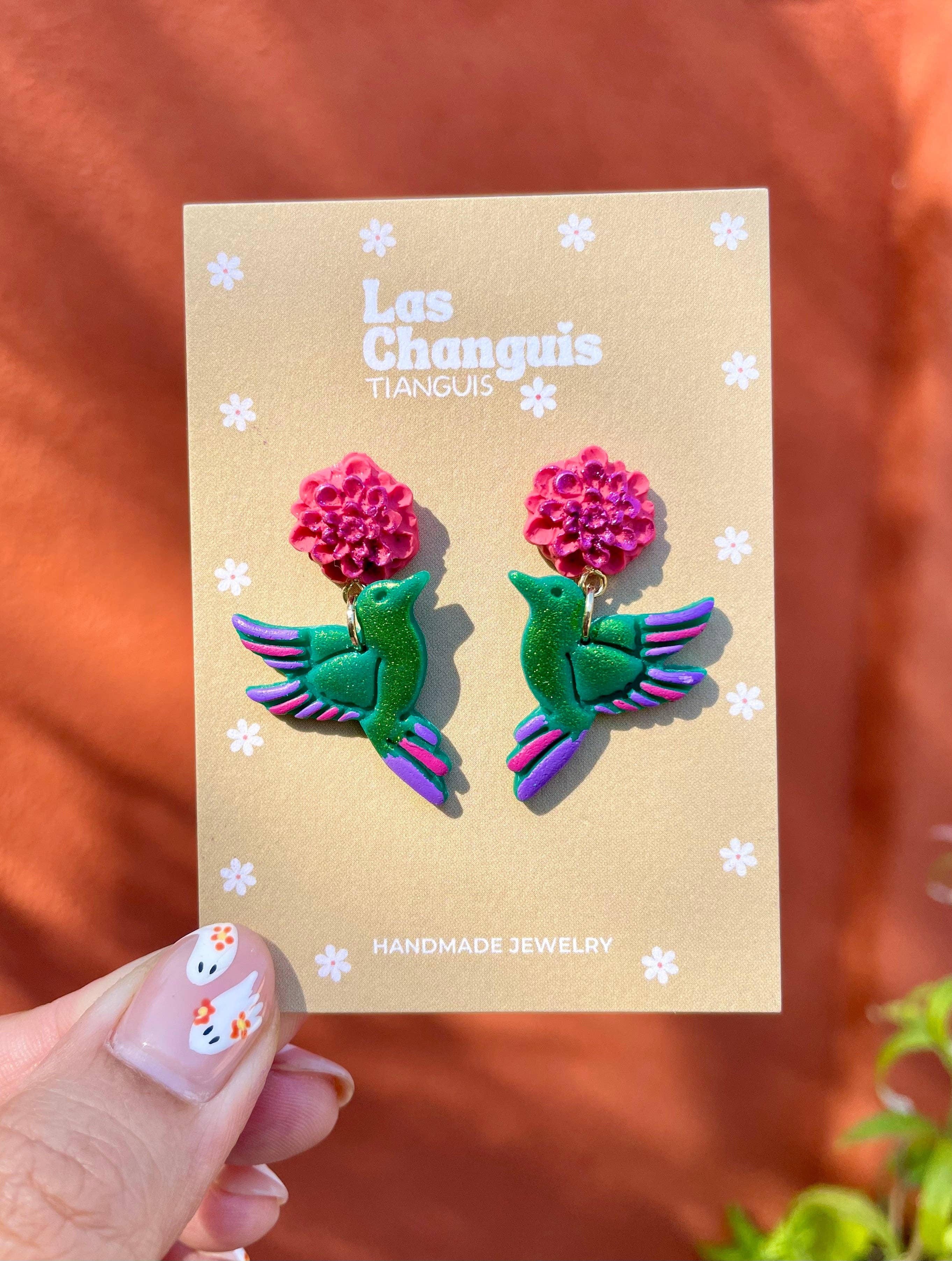 Las Changuis Tianguis - Colibri Handpainted Earrings - Dia de los Muertos Jewelry - Day of the Dead Collection Dia de los Muertos Jewelry