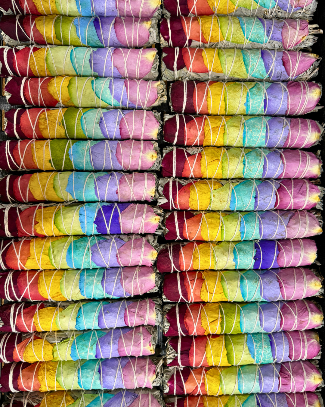 Sarimoire - Chakra Smudge Stick, 8" White Sage Wand w/Rainbow Rose Petal
