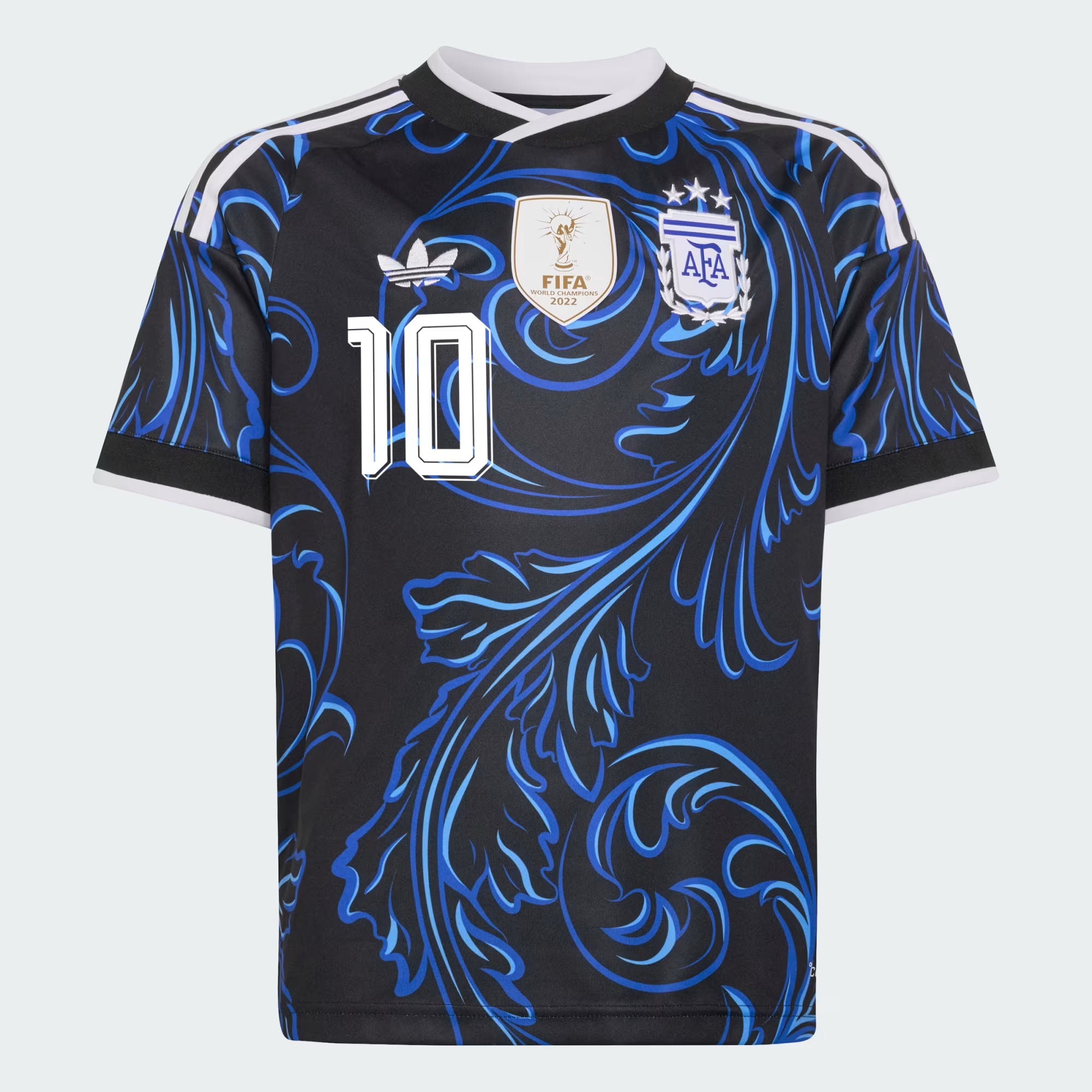 Black soccer jersey with blue patterns, number 10, and Adidas logo on a white background