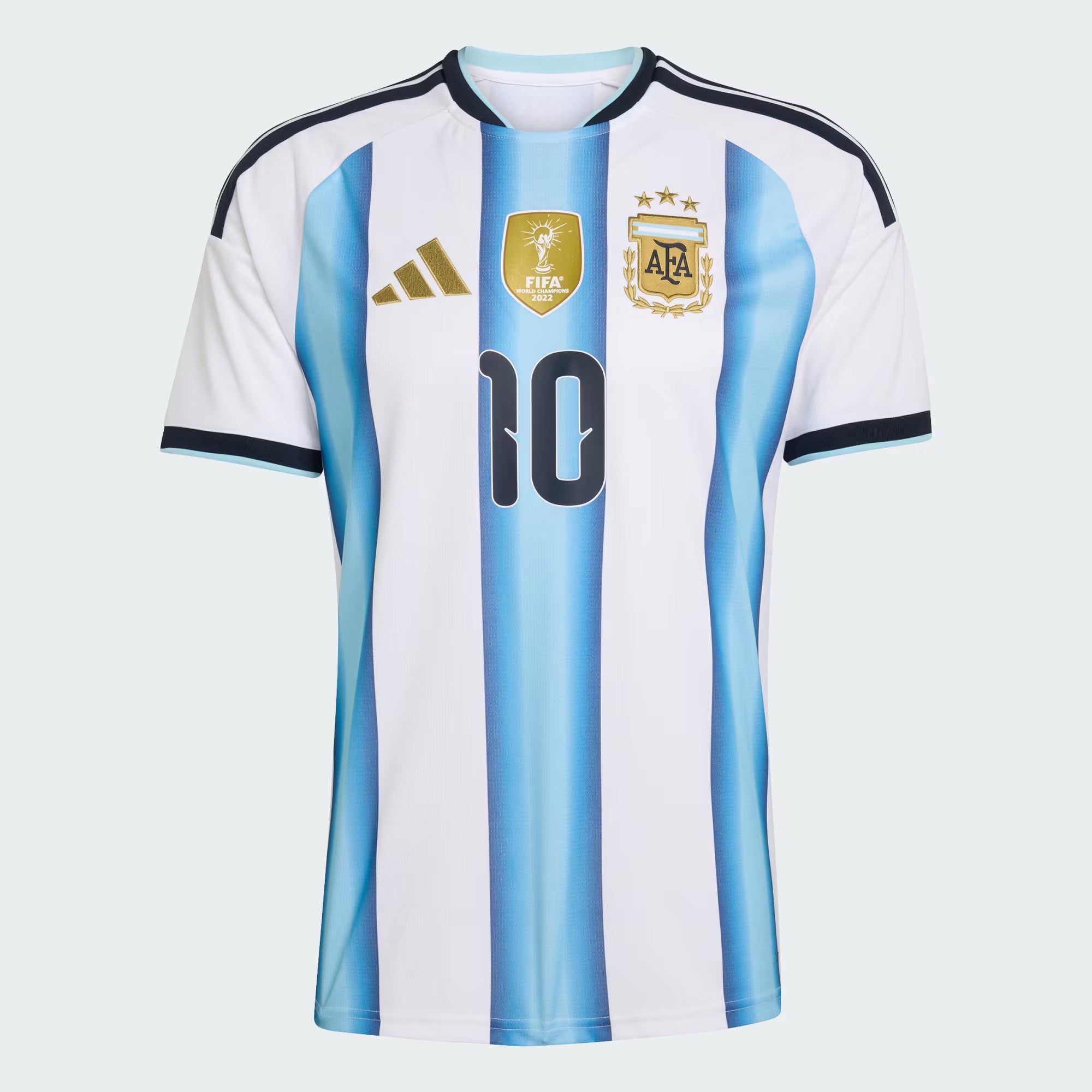 Argentina soccer jersey with Adidas logo and number 10 on a light blue background