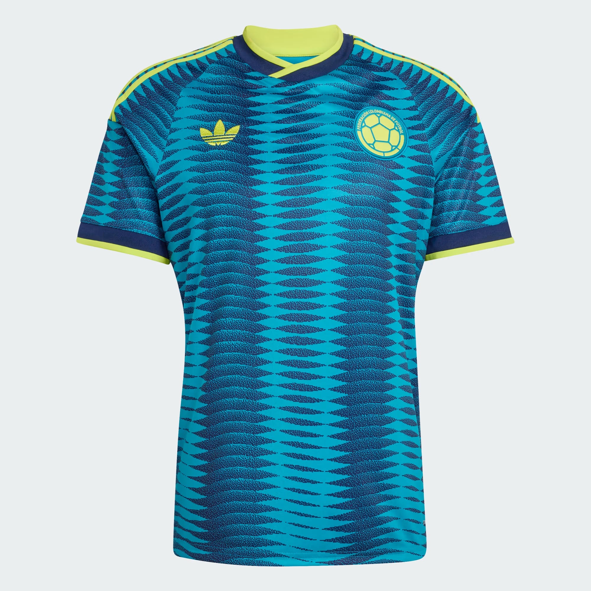 Blue soccer jersey with Adidas logo on a light gray background