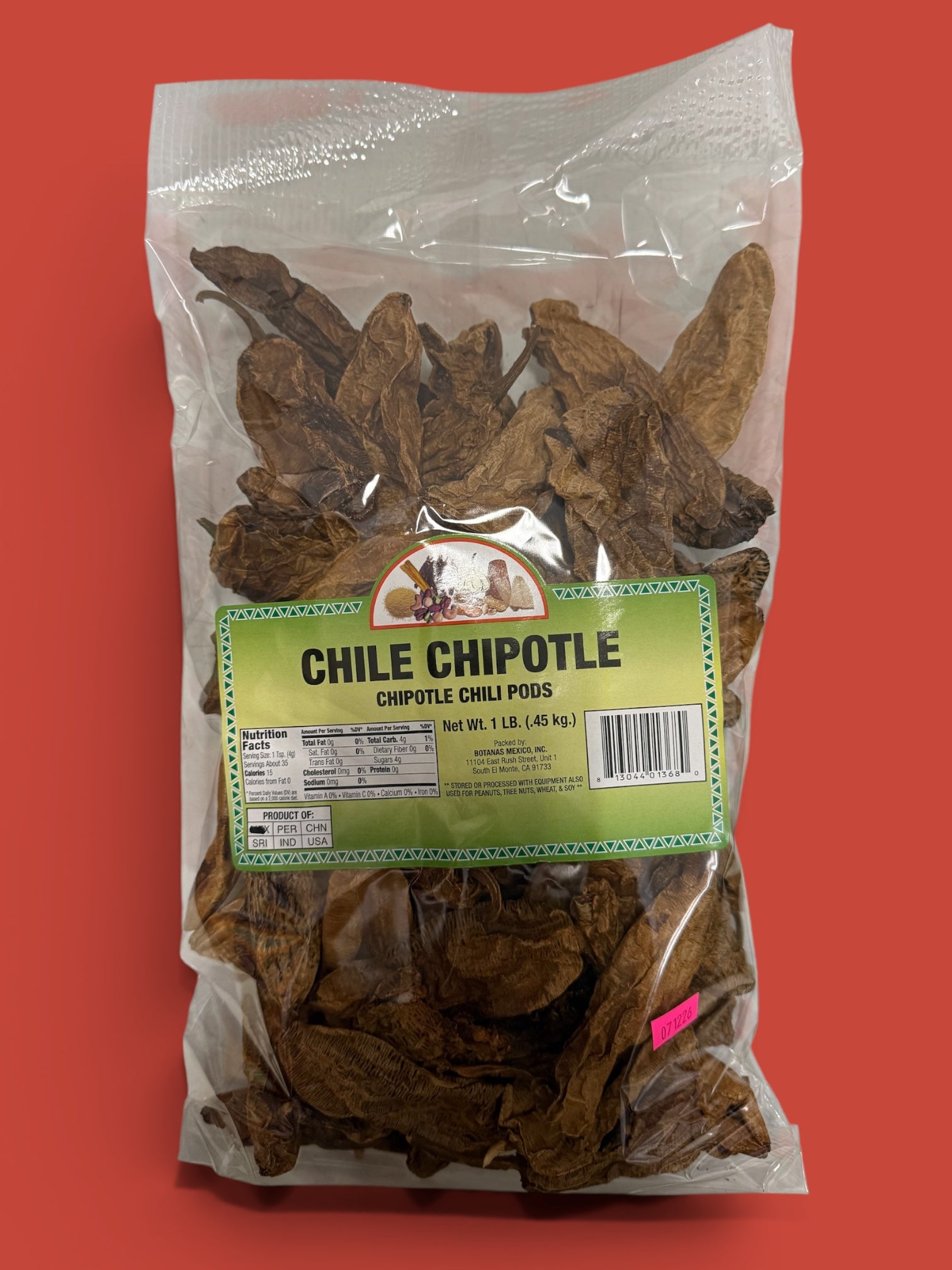 Chile Chipotle Seco- 1 lb, Single Bag
