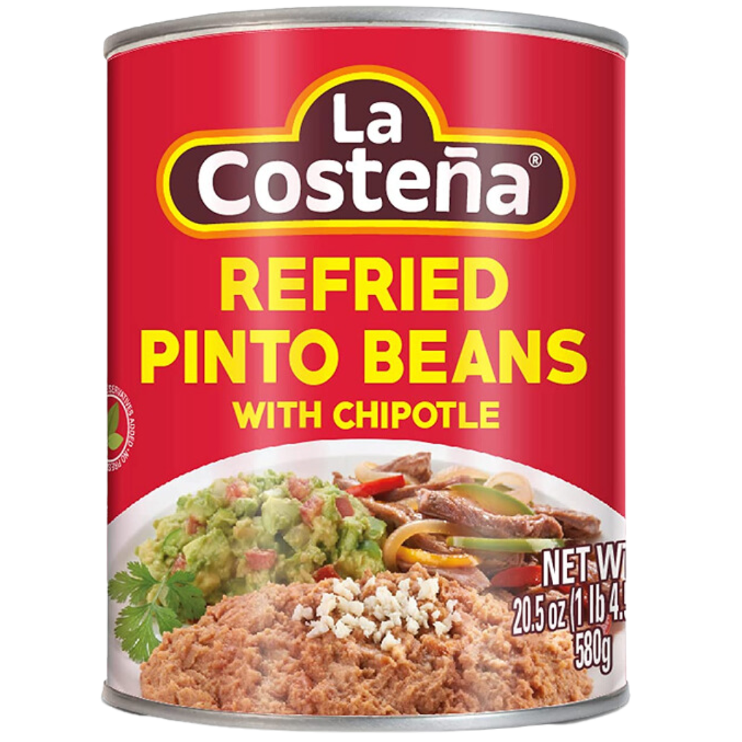 La Costeña Refried Pinto Beans with Chipotle, 20 oz can, delicious and smoky flavor perfect for adding a kick to your favorite recipes - buy now!