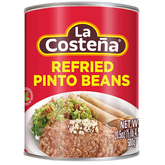 La Costeña Refried Pinto Beans, 20.5 oz can, made with authentic Mexican flavors and ready to enjoy as a delicious side or ingredient in your favorite recipes.