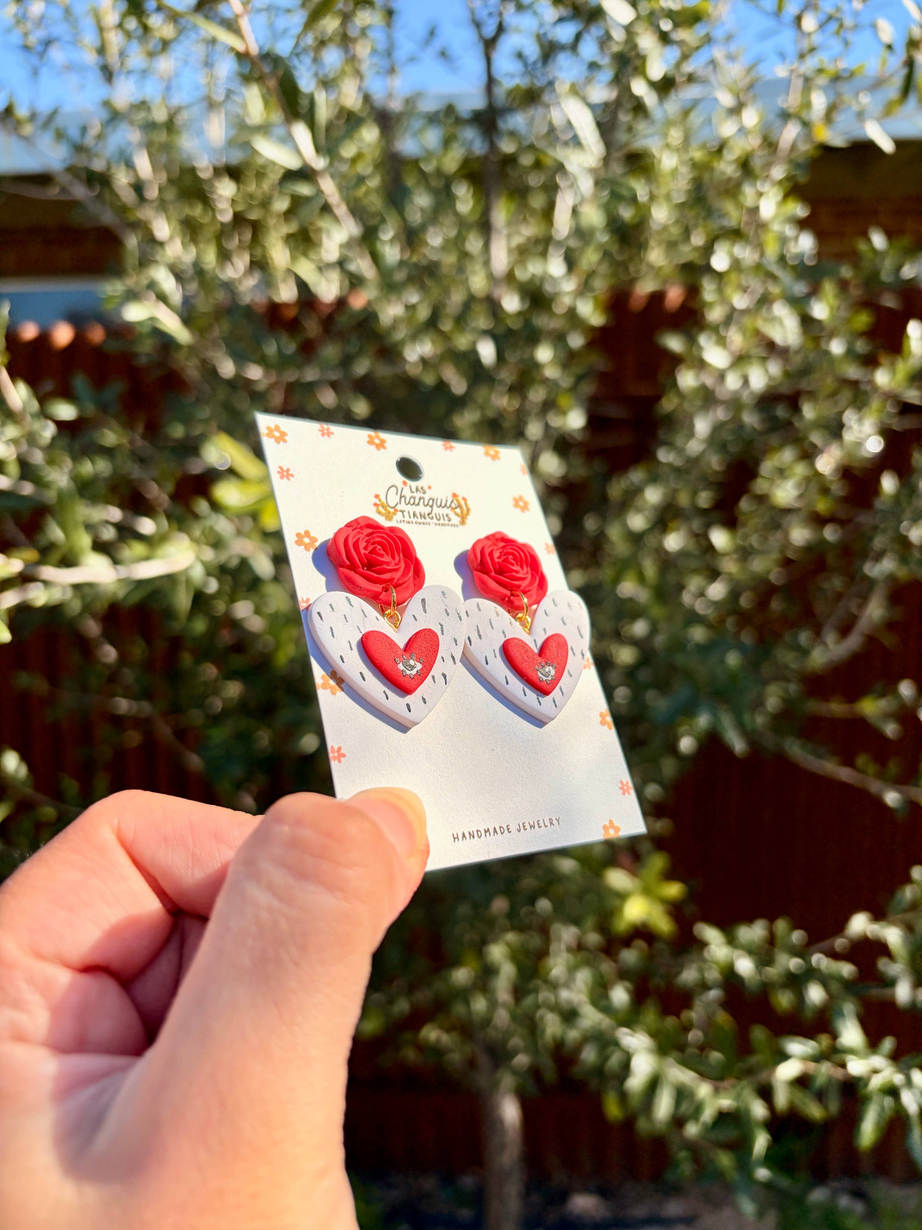 Las Changuis Tianguis - Evil eye Milagrito Heart & Rose Clay Earrings