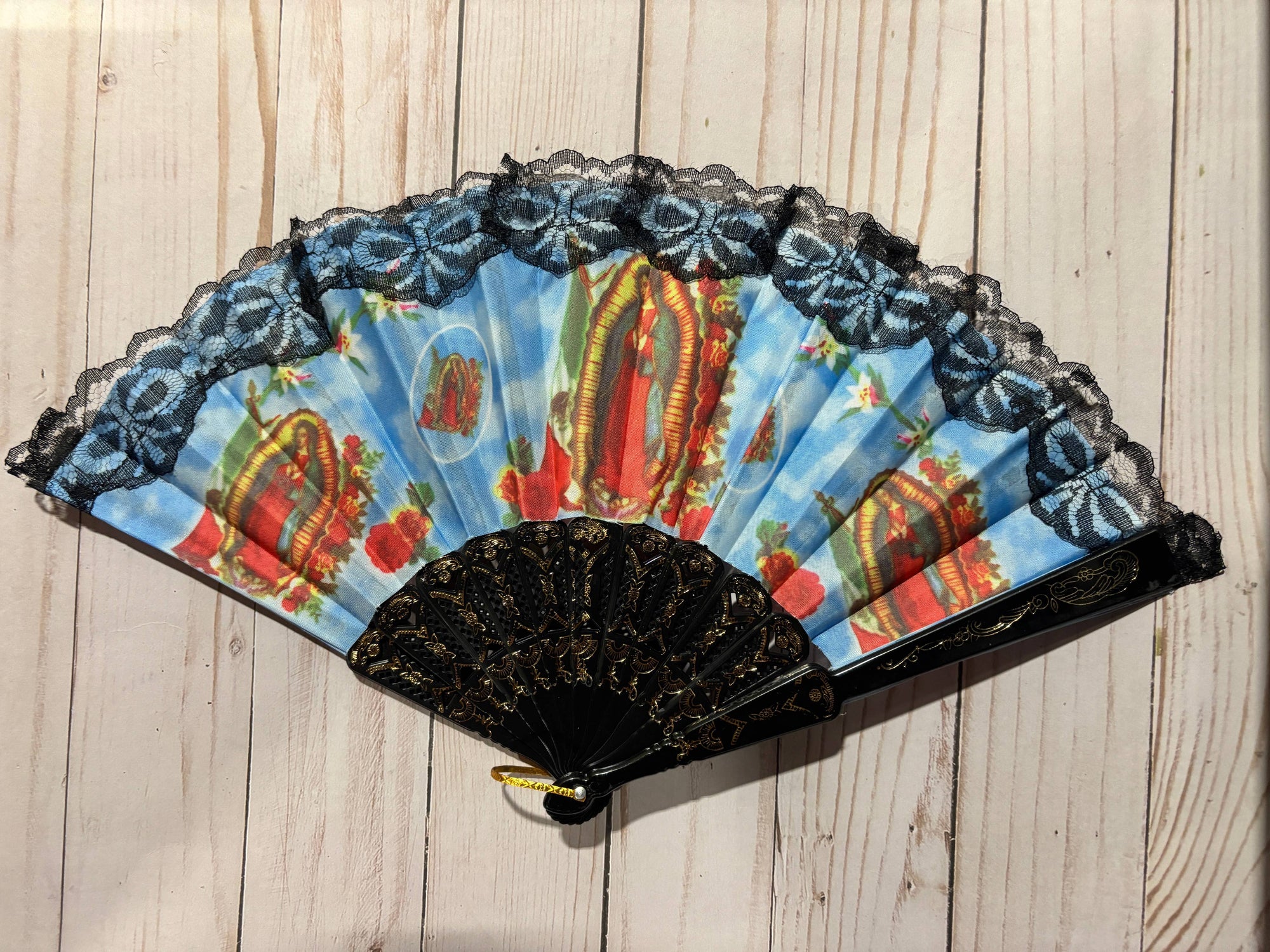 Viva Greetings - La Virgen de Guadalupe Design Hand Fan: Black