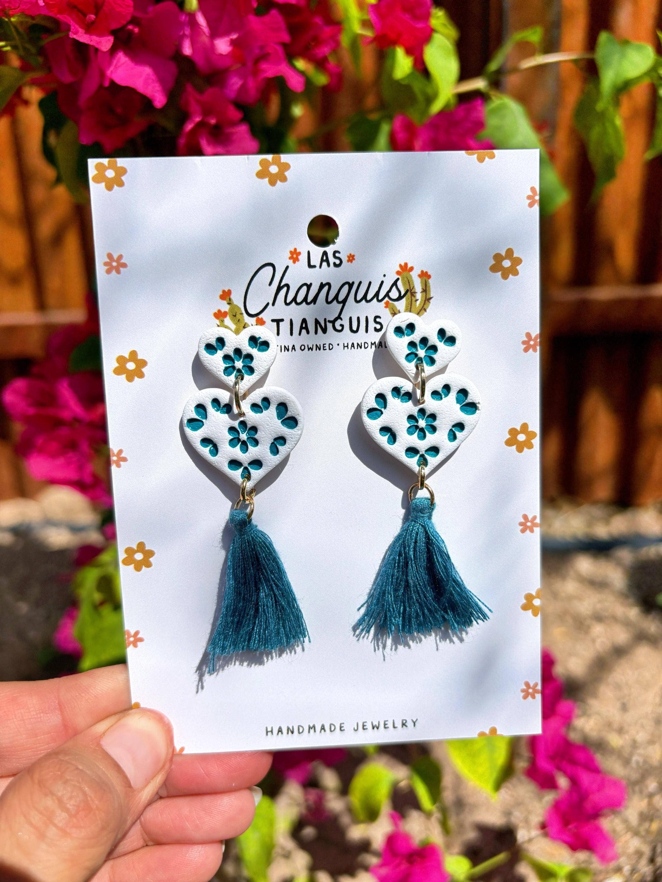 Las Changuis Tianguis - Talavera-Inspired Polymer Clay Heart Earrings with Tassels: Blue