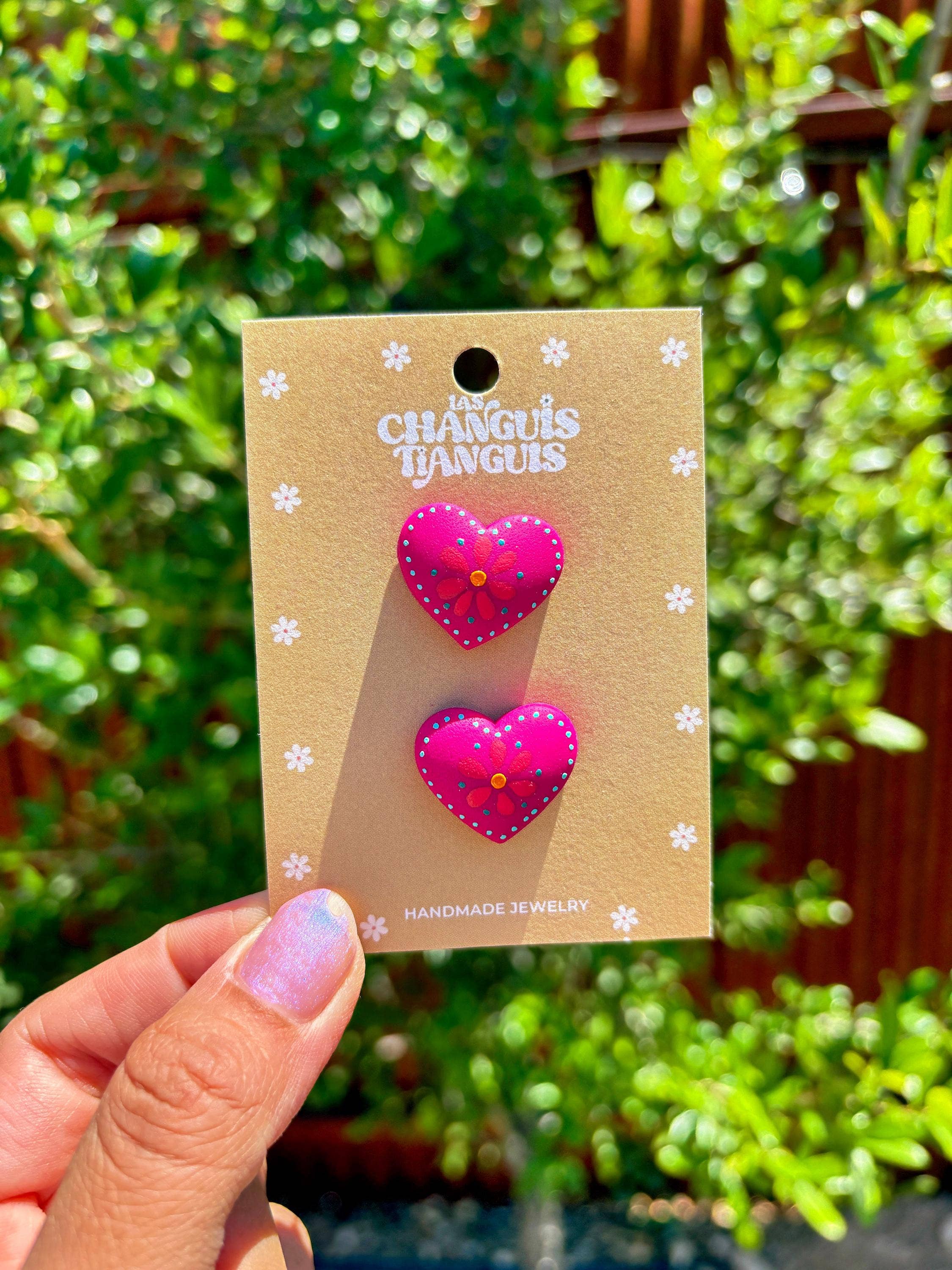 Las Changuis Tianguis - Mexican Heart Hand-Painted Polymer Clay Earrings: Pink