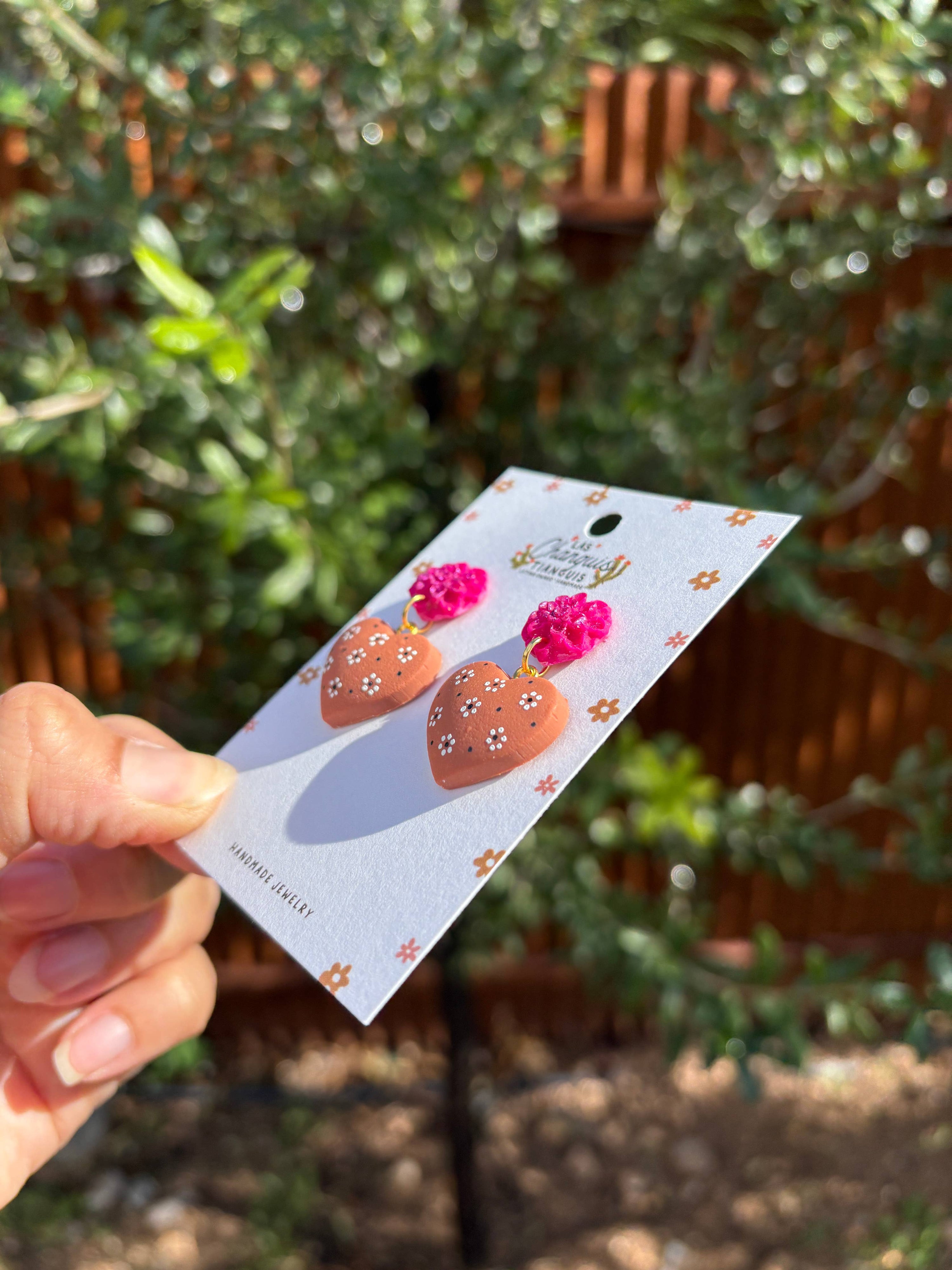 Las Changuis Tianguis - Terra Cotta Floral Heart Drop Earrings — Handmade
