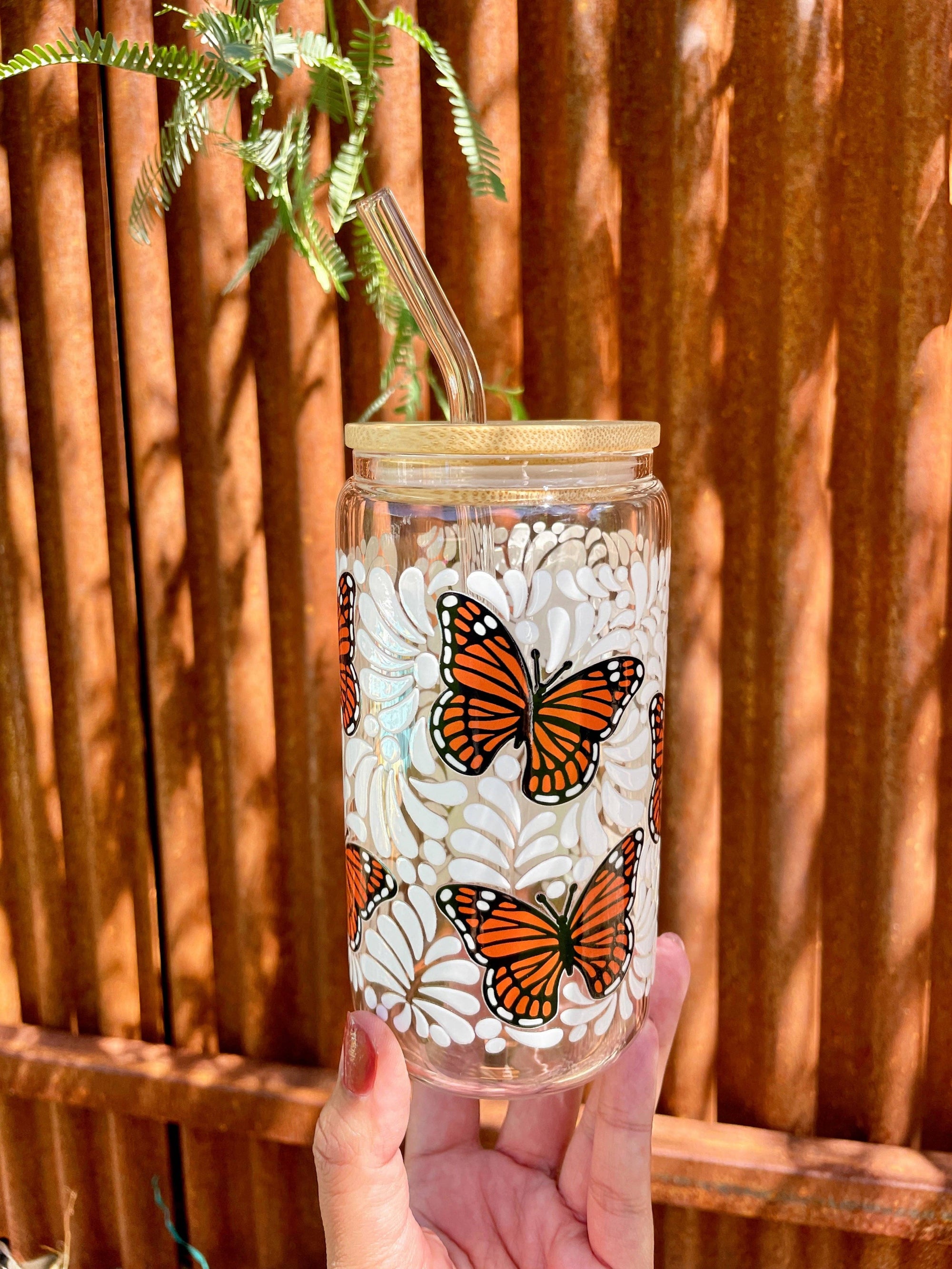 Las Changuis Tianguis - Libbey Talavera Monarch Butterfly 16 oz Glass Cup
