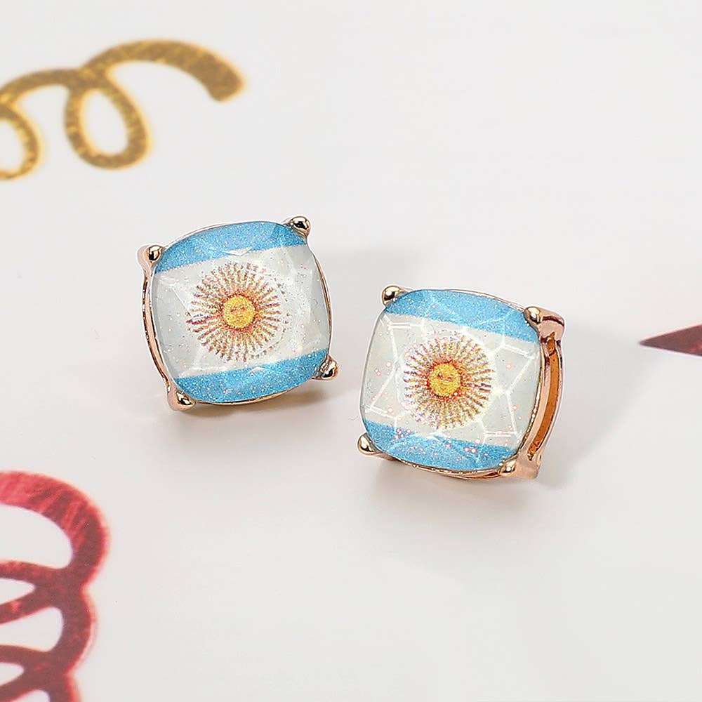 Argentina Flag Printed Faceted Cushion Stud Earrings: Argentina