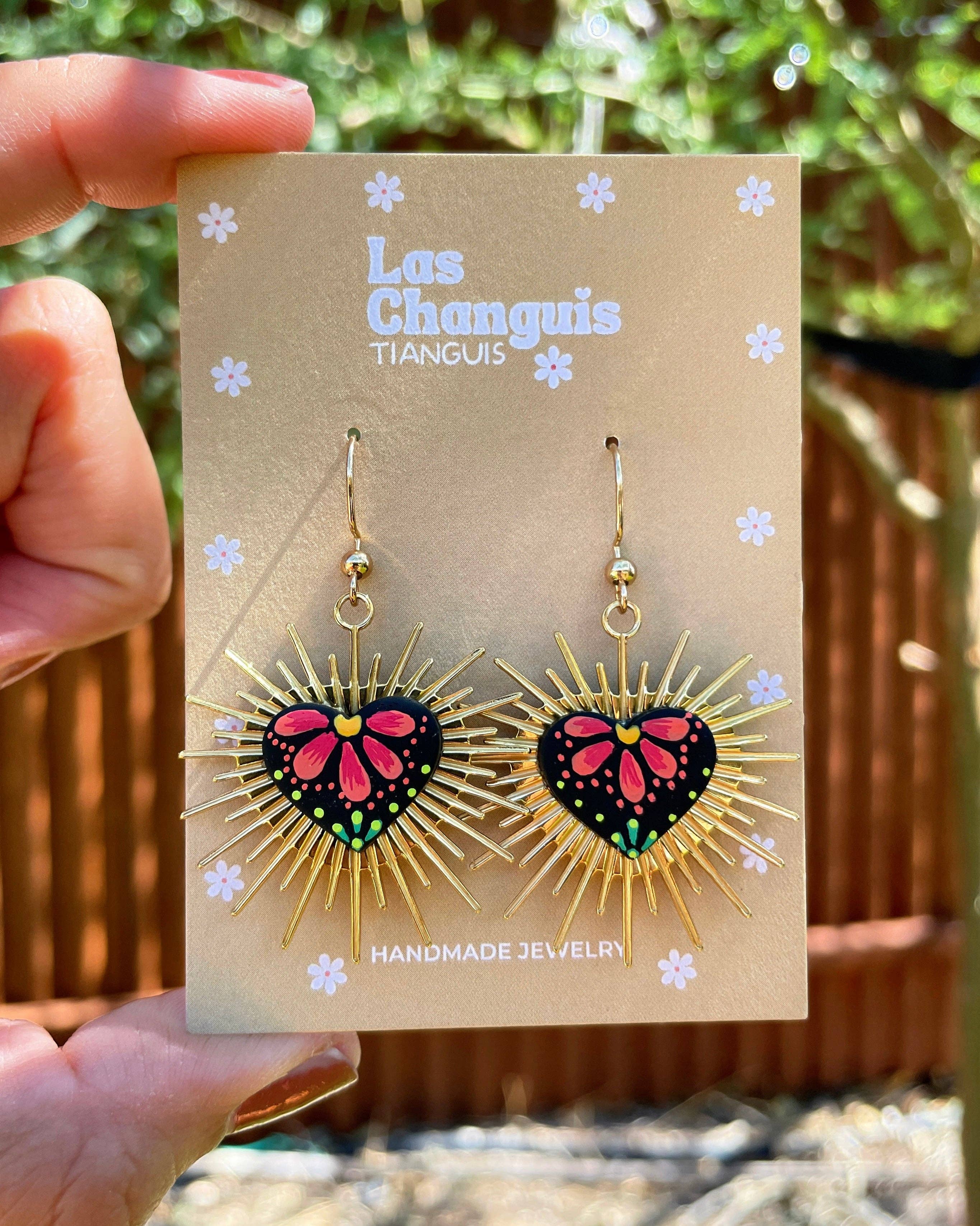 Las Changuis Tianguis - Handmade Sacred Heart Mexican Folk Art Earrings