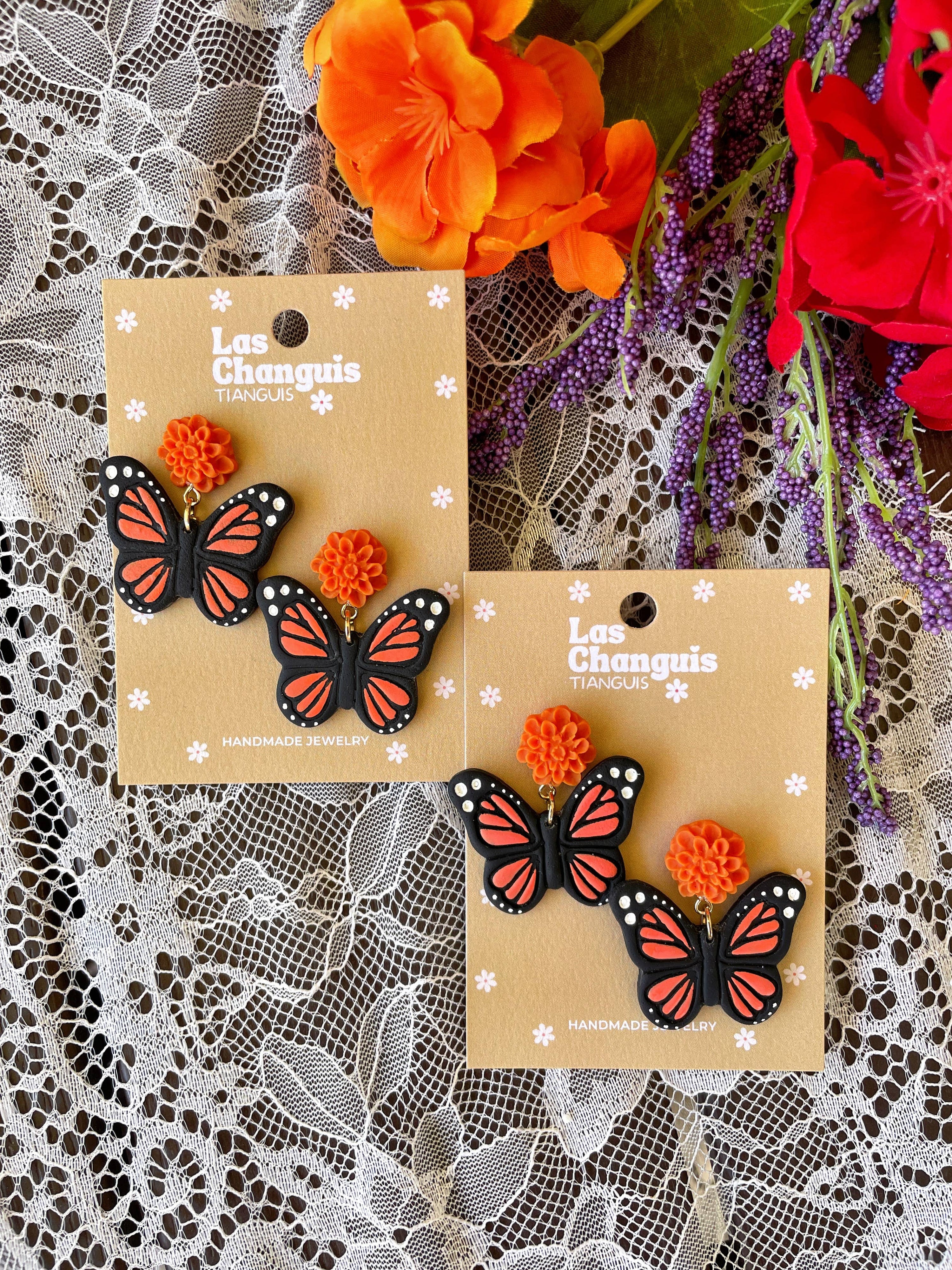 Las Changuis Tianguis - Handmade Monarch Butterfly Earrings with Cempasuchil Flowers - Day of the Dead Collection - Dia de los Muertos Jewelry