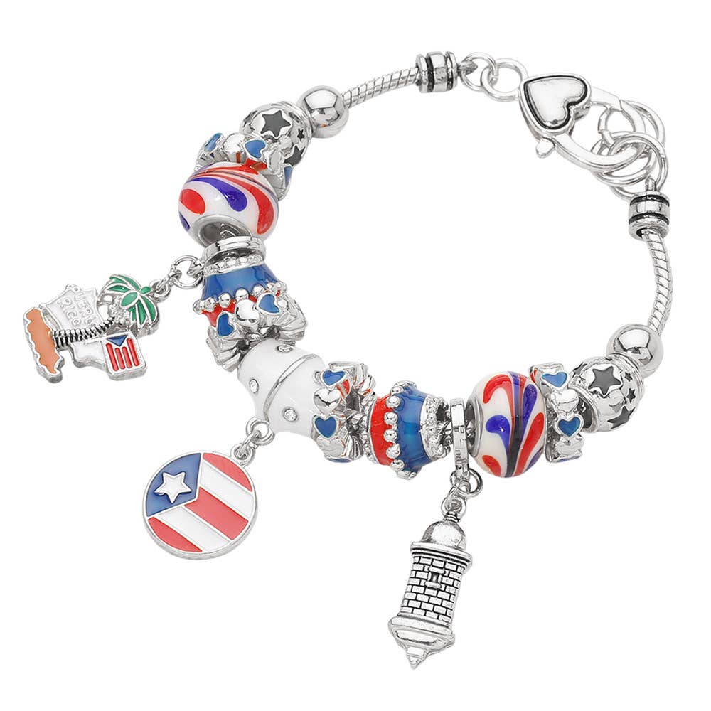 Puerto Rico Flag Charm Multi-Bead Bracelet: Silver