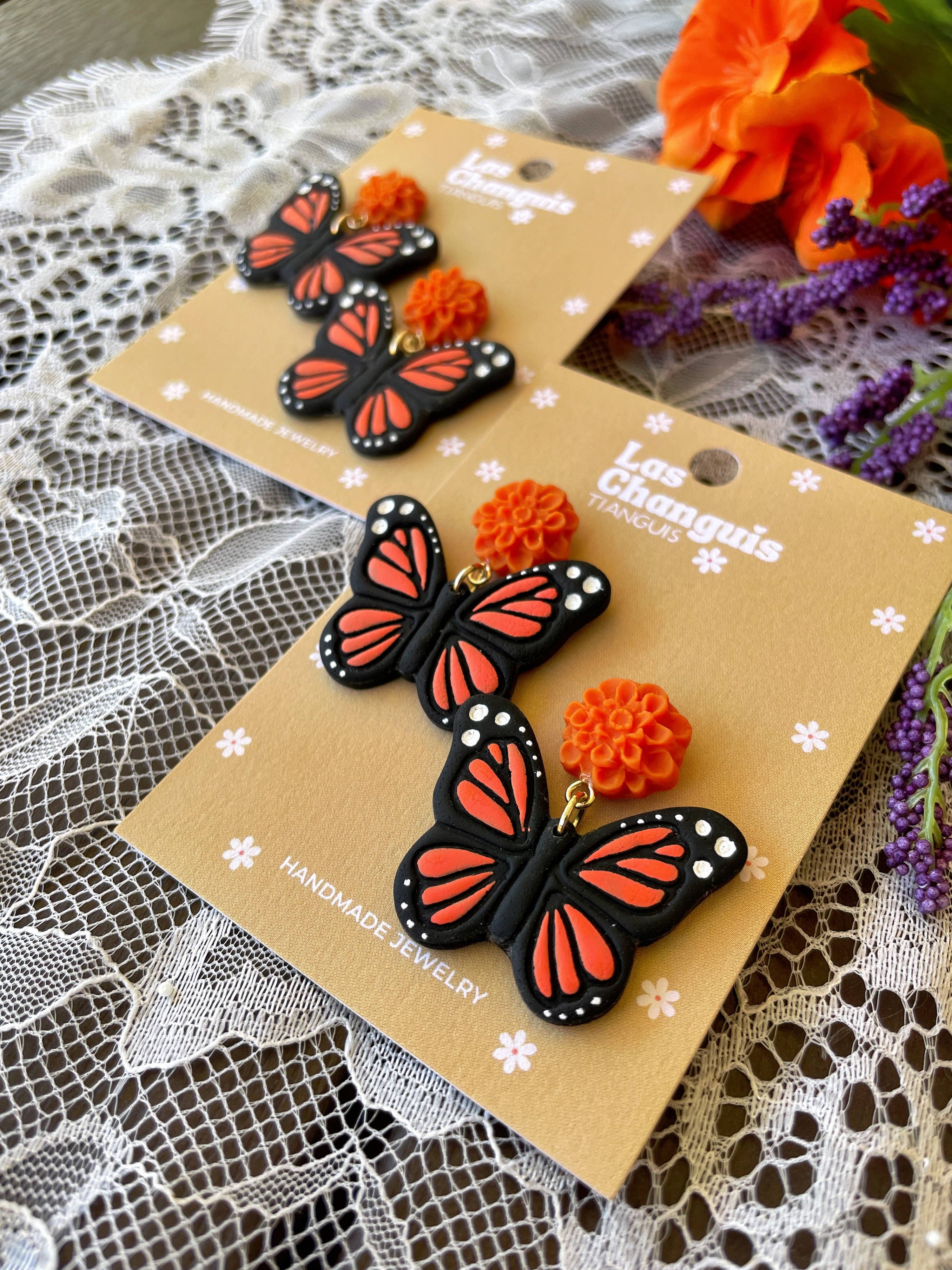 Las Changuis Tianguis - Handmade Monarch Butterfly Earrings with Cempasuchil Flowers - Day of the Dead Collection - Dia de los Muertos Jewelry