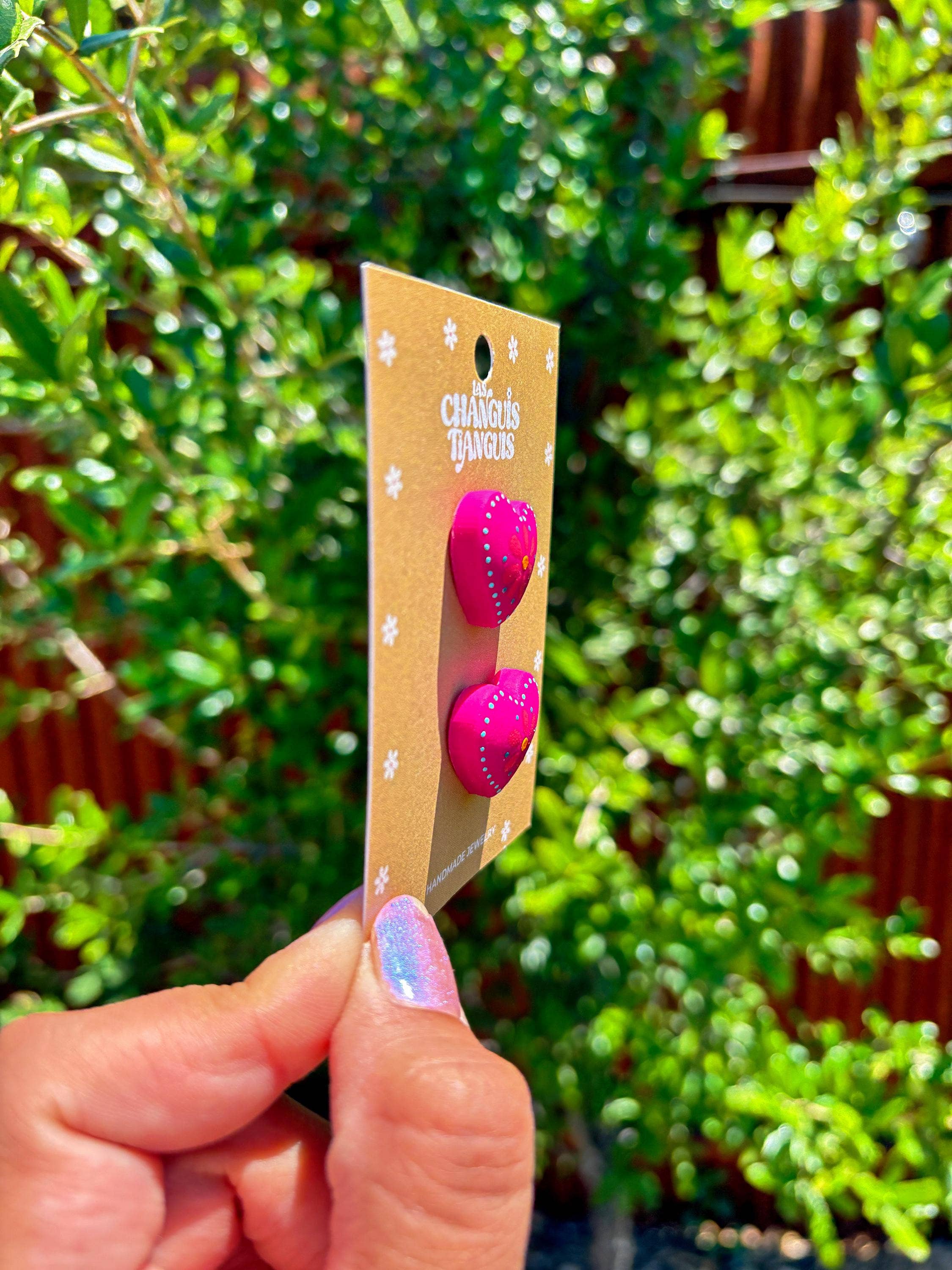 Las Changuis Tianguis - Mexican Heart Hand-Painted Polymer Clay Earrings: Pink