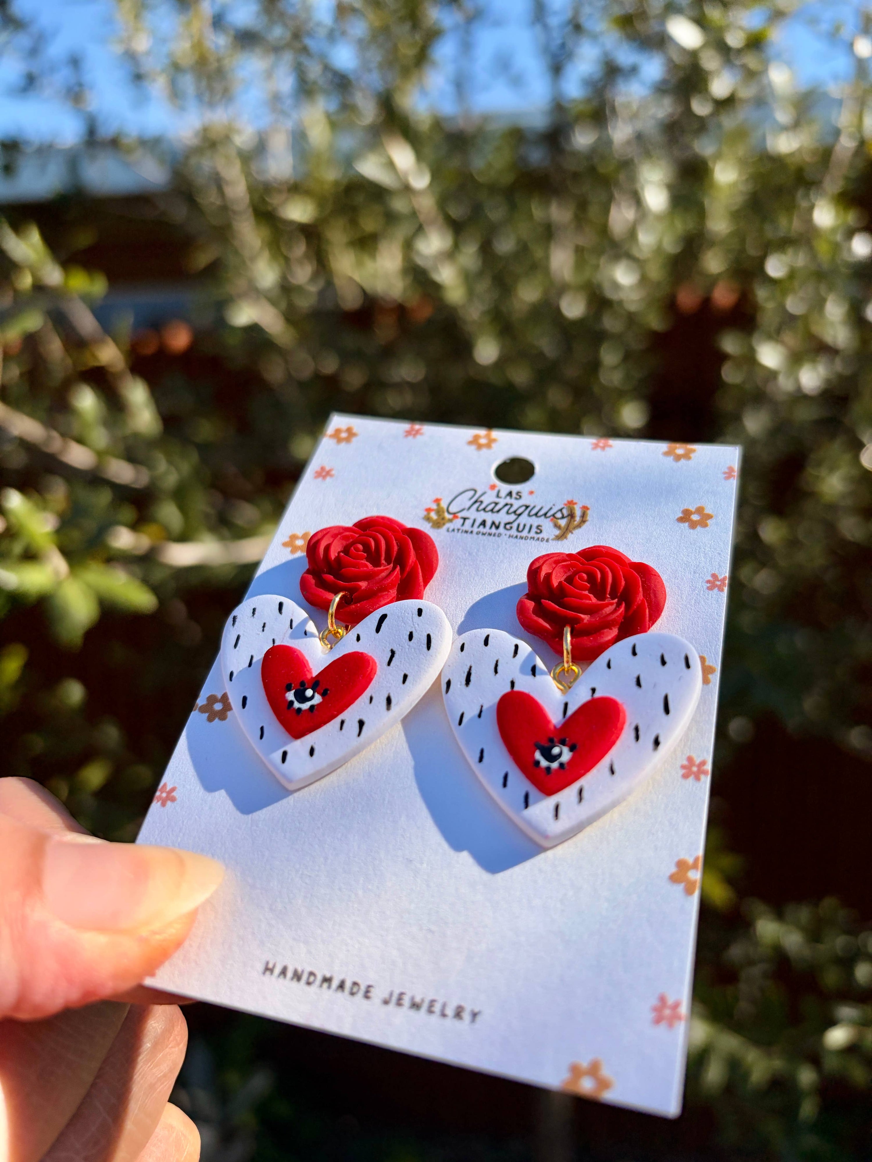 Las Changuis Tianguis - Evil eye Milagrito Heart & Rose Clay Earrings