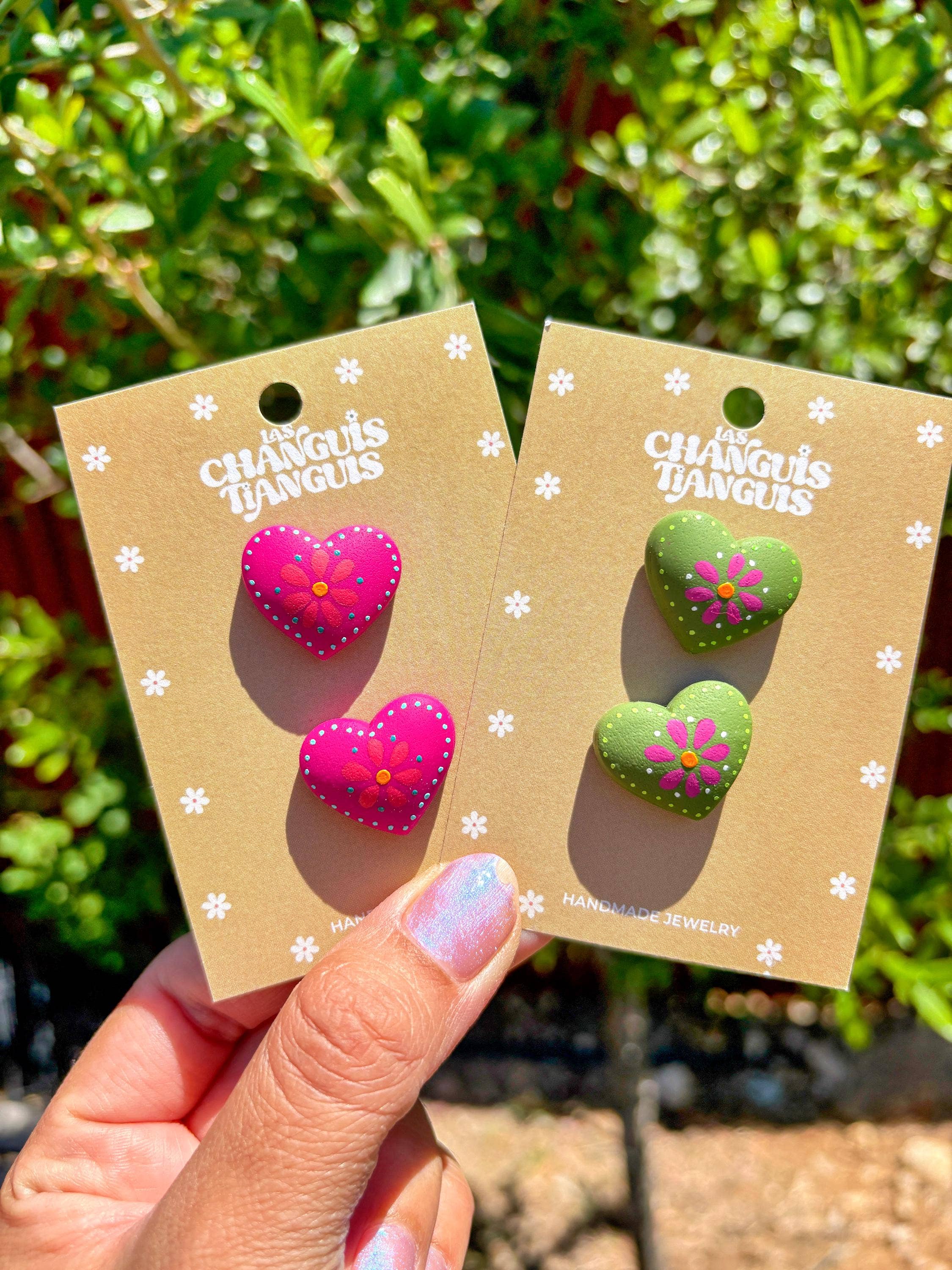 Las Changuis Tianguis - Mexican Heart Hand-Painted Polymer Clay Earrings: Pink