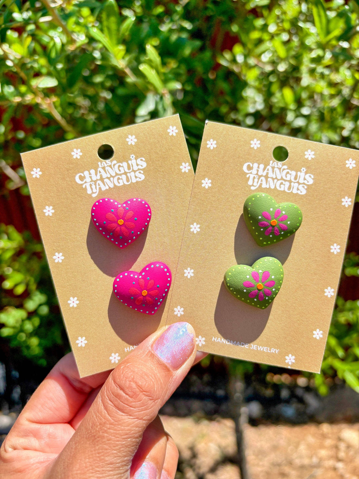 Las Changuis Tianguis - Mexican Heart Hand-Painted Polymer Clay Earrings: Green