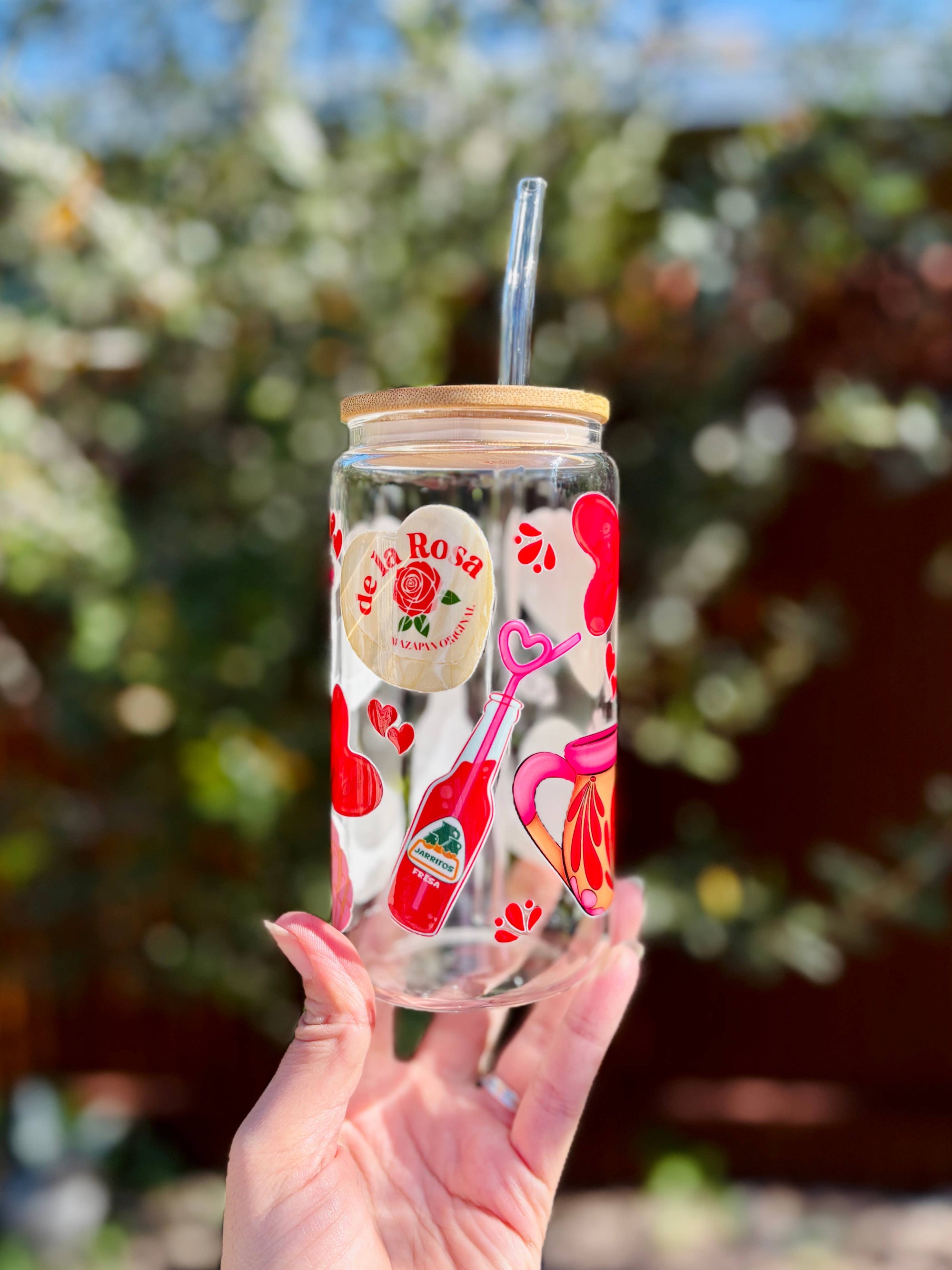 Las Changuis Tianguis - Valentine Mexican-Inspired Glass Can Cup – 16oz, Bamboo Lid